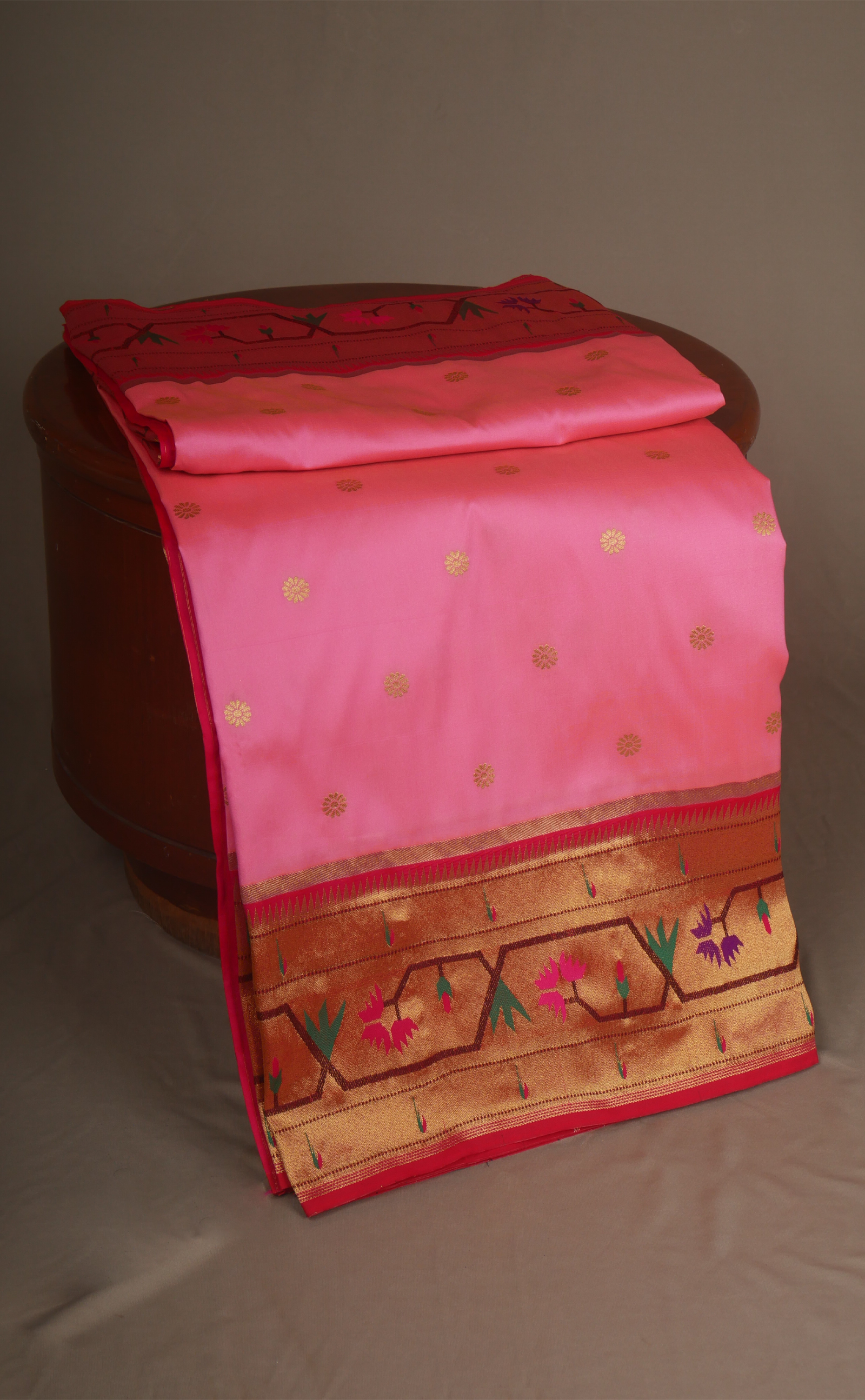 Pink Vegan Silk Paithani With Contrast Border