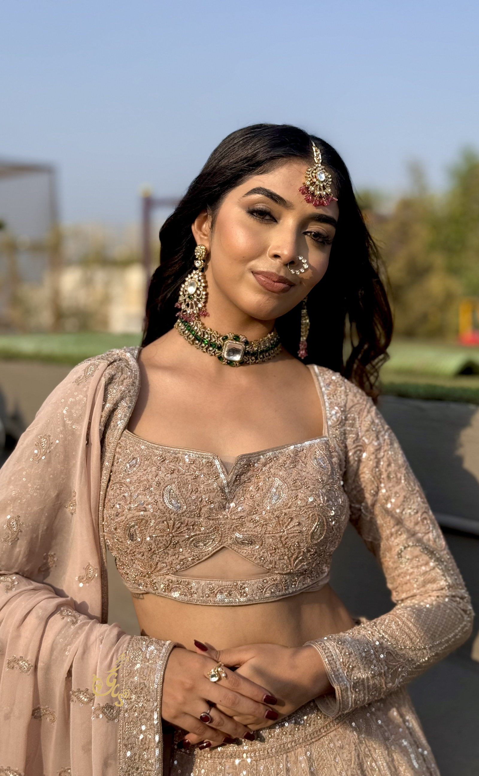 Beige Lakhnavi Elegance: Vegan Georgette Ready-to-Wear Lehenga