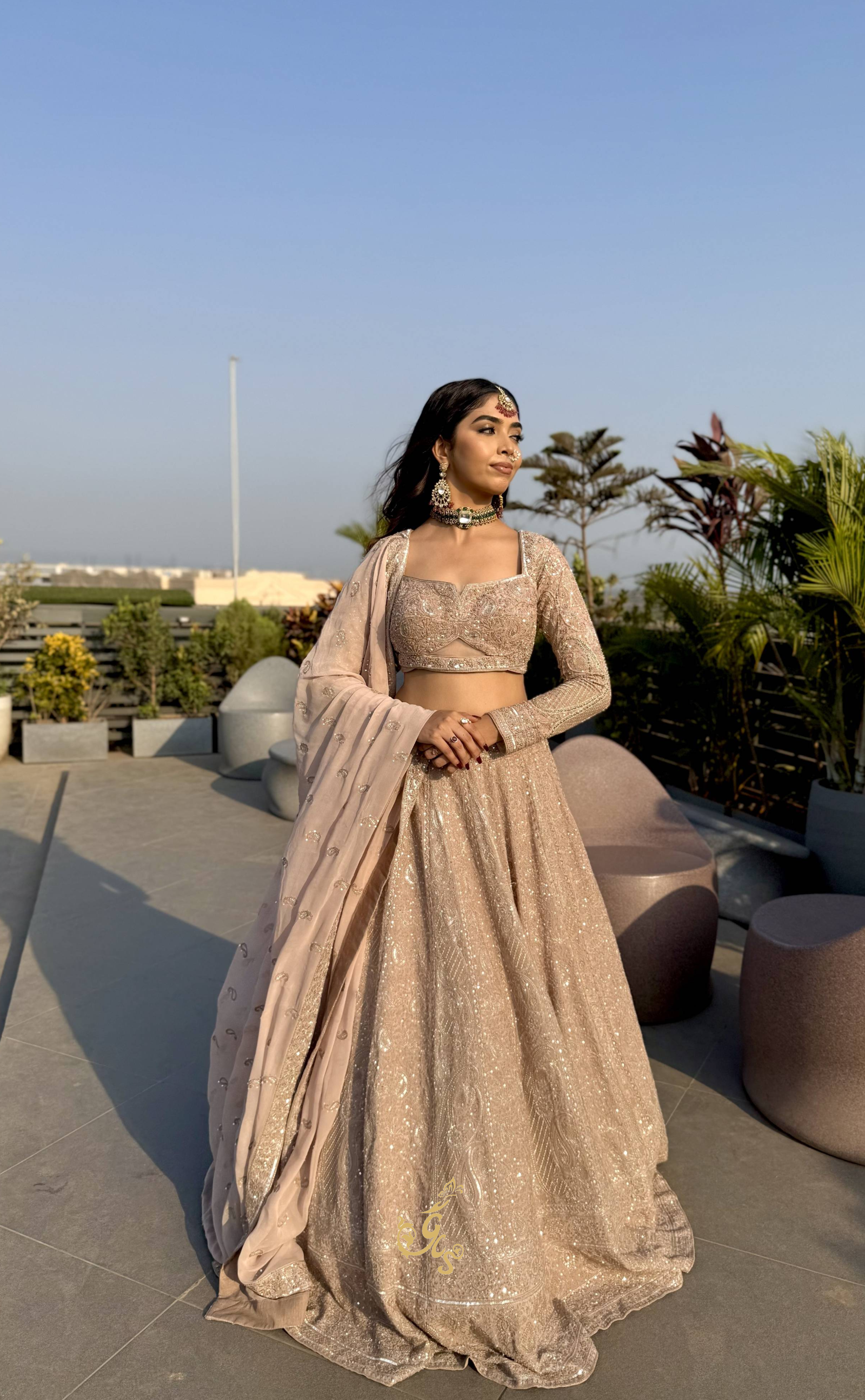 Beige Lakhnavi Elegance: Vegan Georgette Ready-to-Wear Lehenga