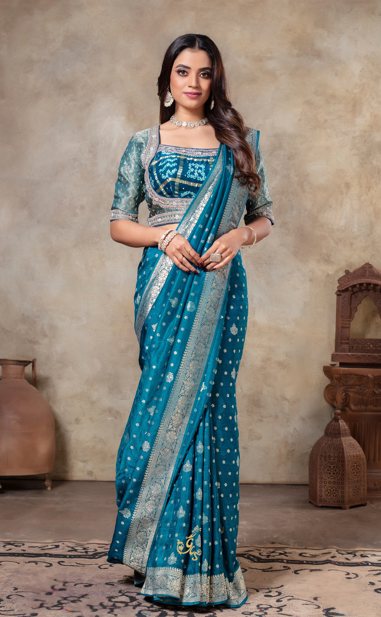 Teal Temptation: Luxe Vegan Tissue Georgette Saree with Effortless Blouse
