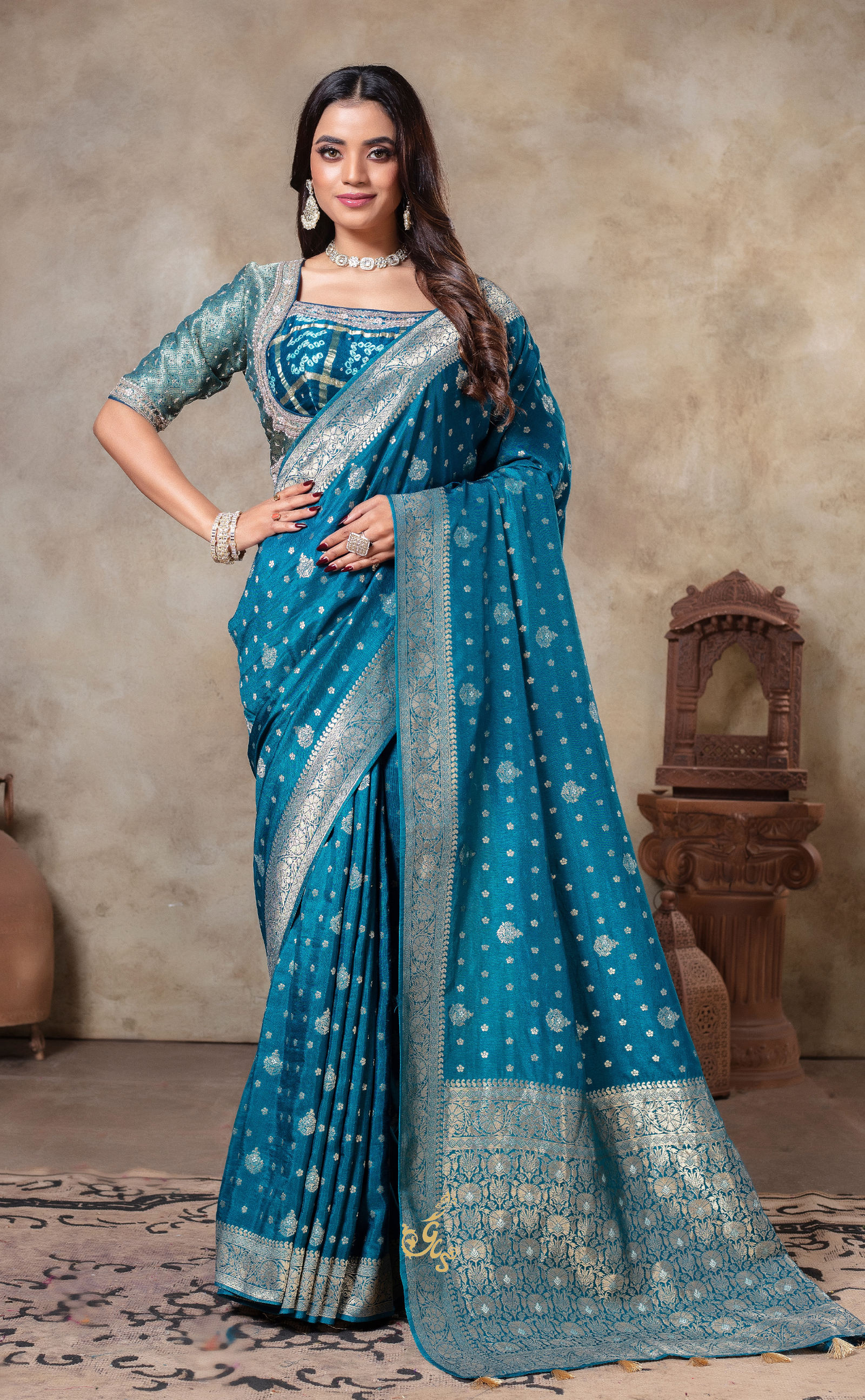 Teal Temptation: Luxe Vegan Tissue Georgette Saree with Effortless Blouse