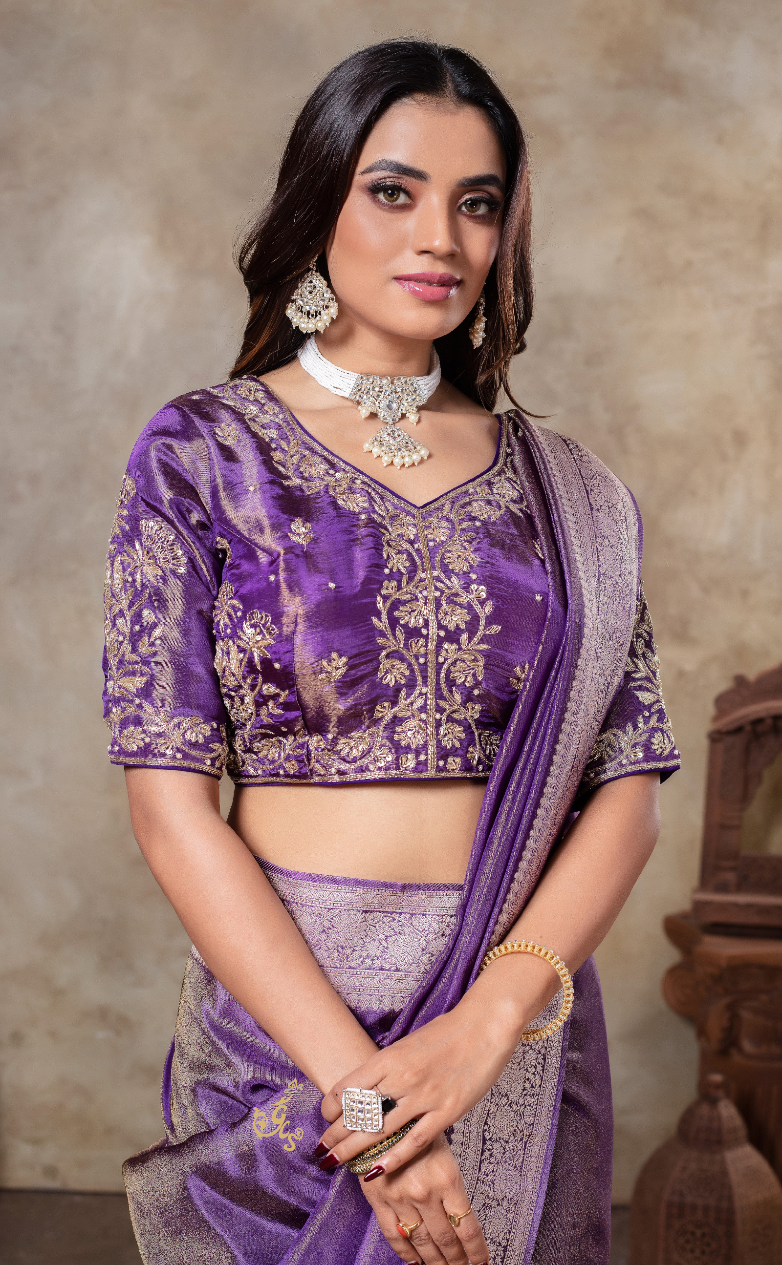 Plum Perfection: Deep Vegan Tissue Georgette Saree with Ready Blouse