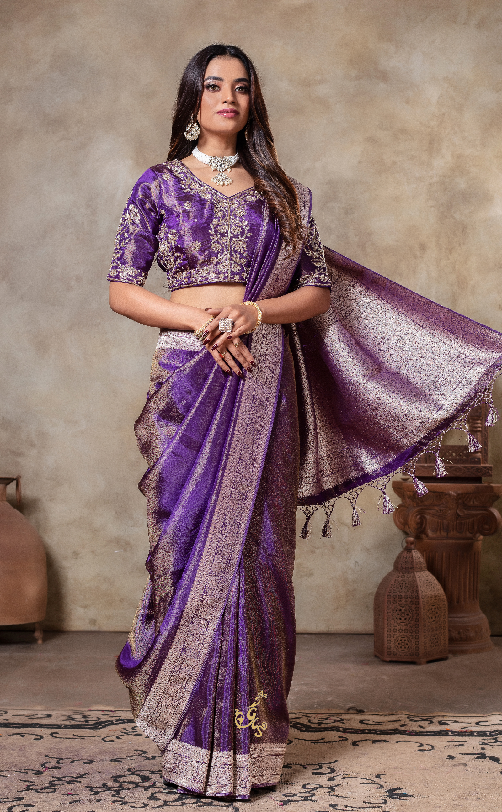 Plum Perfection: Deep Vegan Tissue Georgette Saree with Ready Blouse