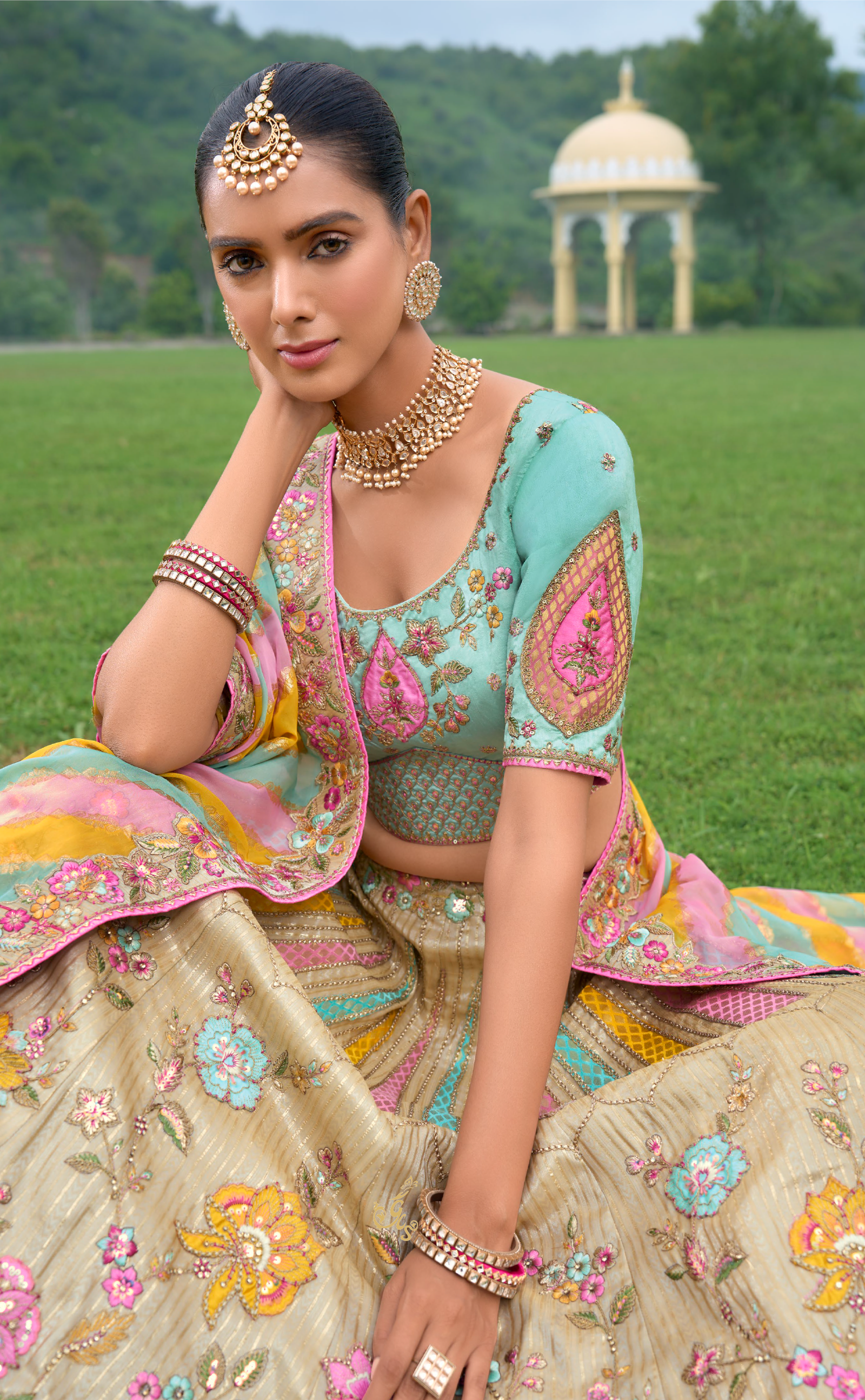 Multicolored Vegan Georgette Lehenga with Patch Embroidery