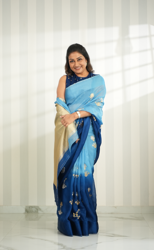 Ombré Midnight Blue Shaded Tencel Vegan Silk Soft Saree