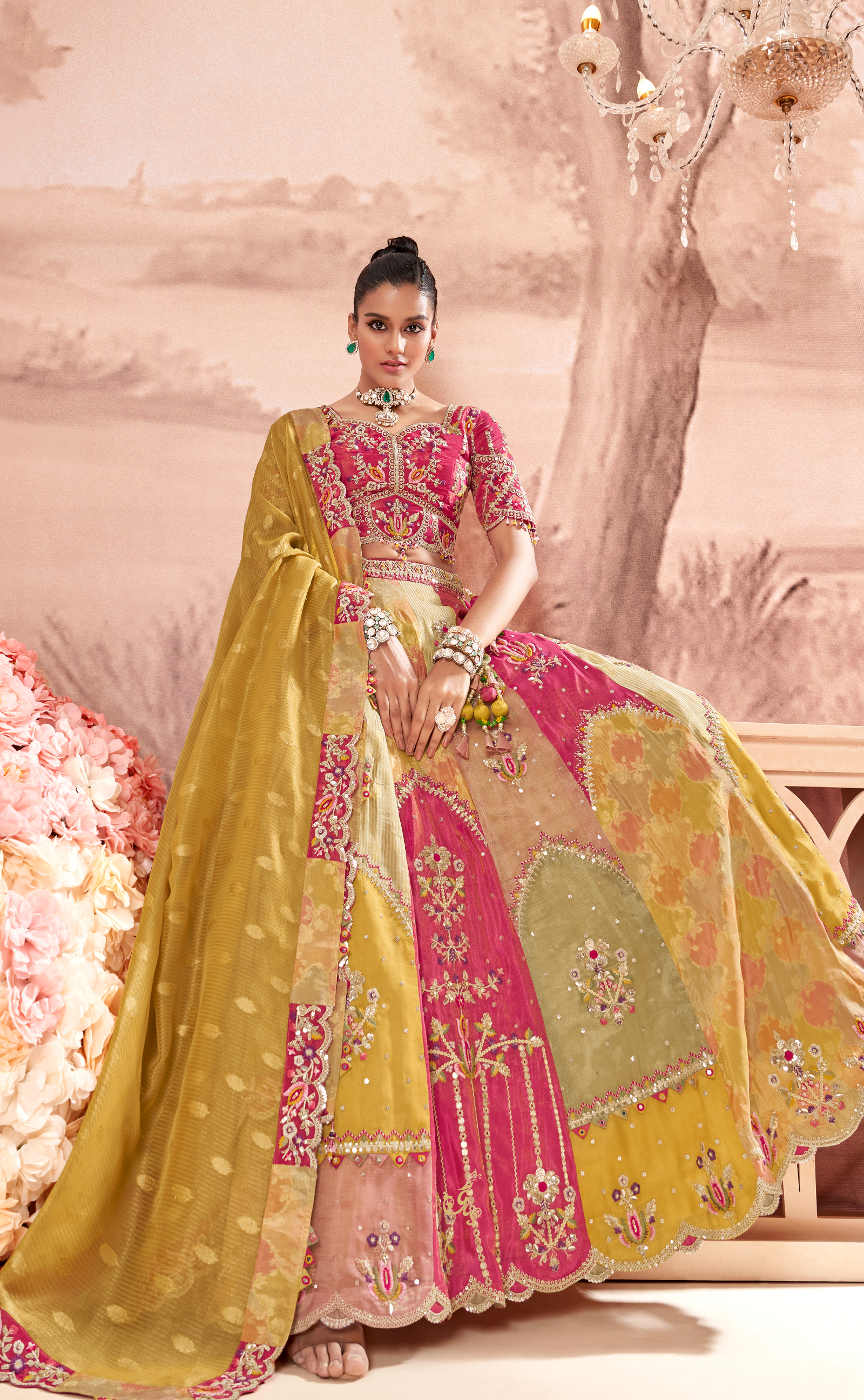 Multicoloured Lehenga In Vegan Tissue Georgette