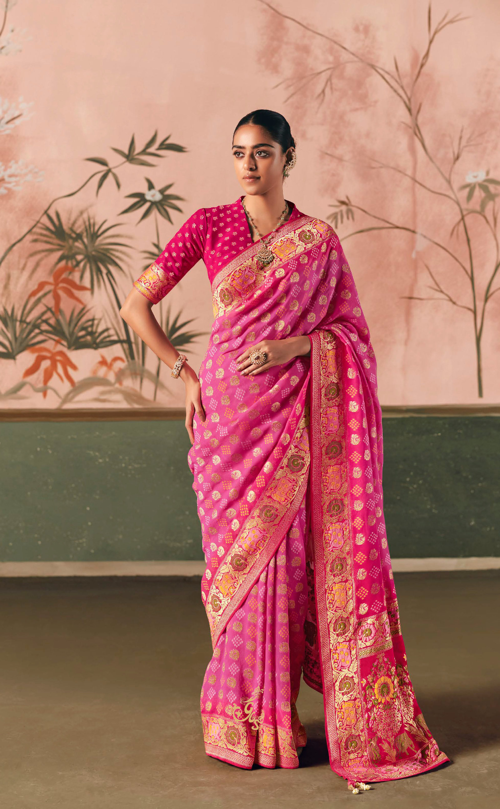 Rose Pink Vegan Khaddi Georgette Bandhani