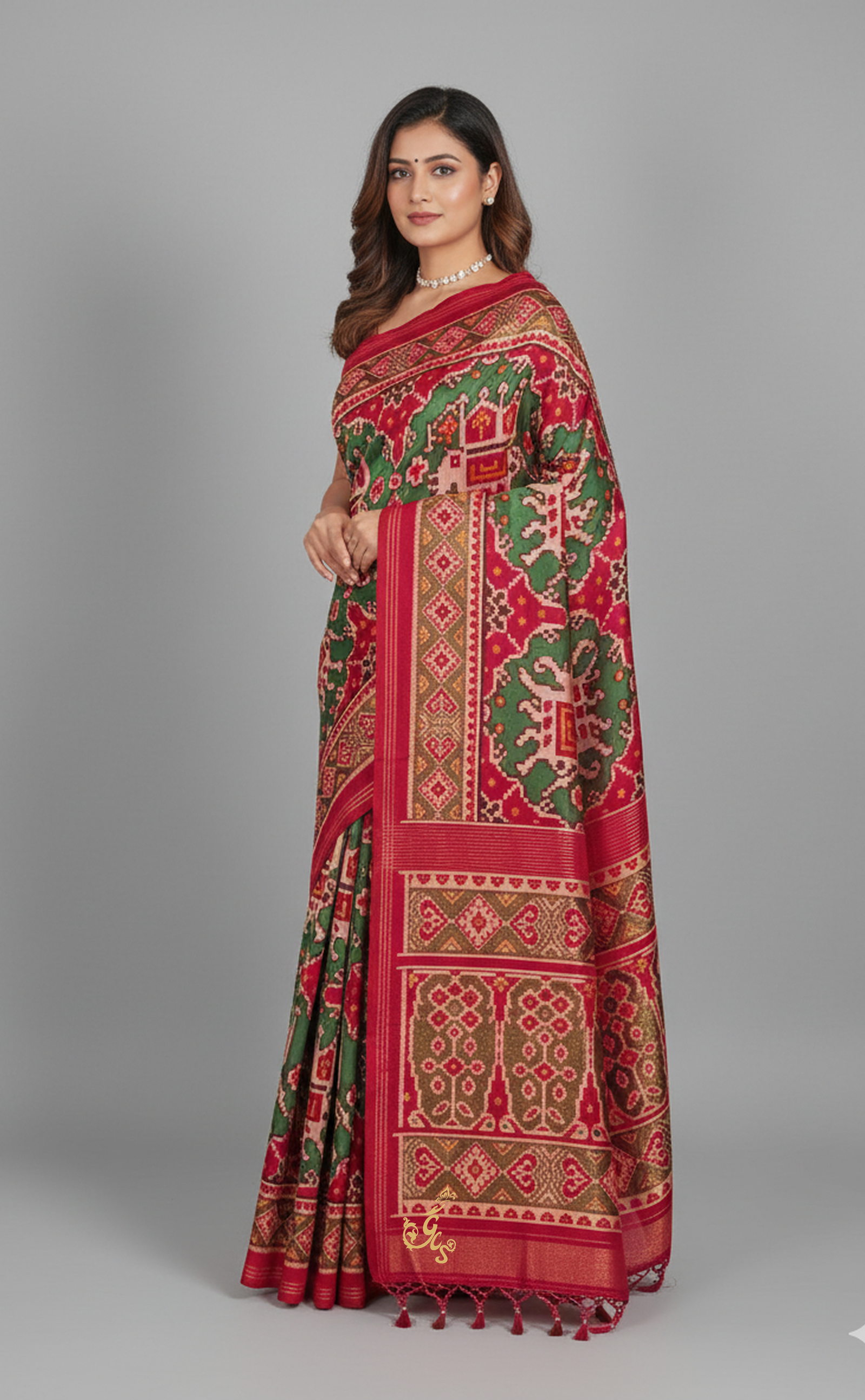 Dual-Tone Red & Green Patola Saree in Vegan Silk