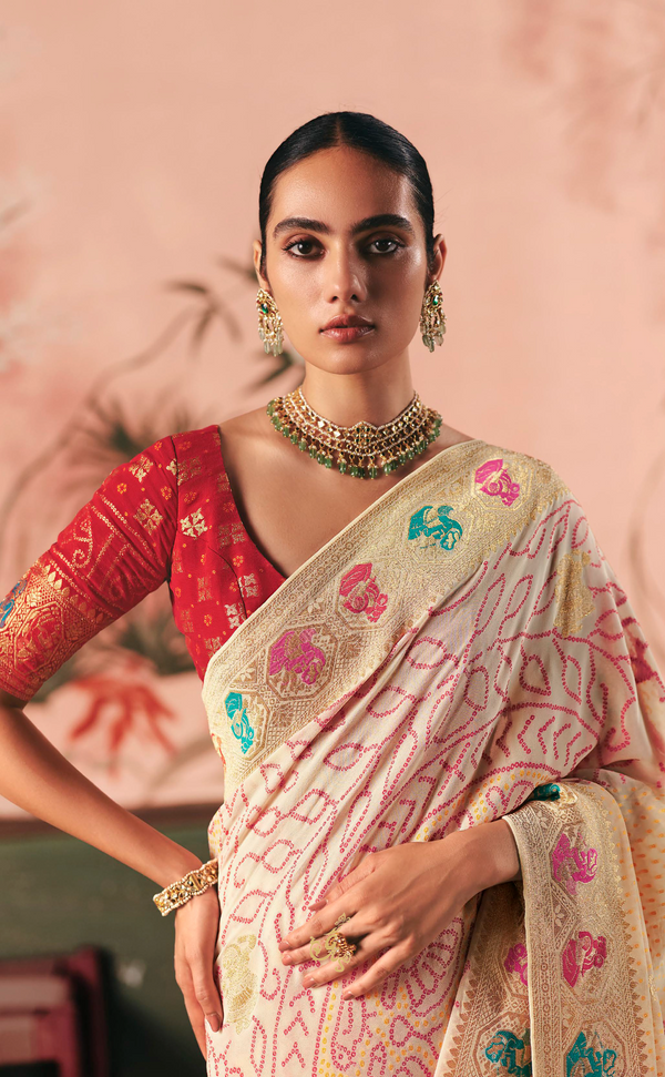 Off-White Upada Vegan Khaddi Georgette Bandhani