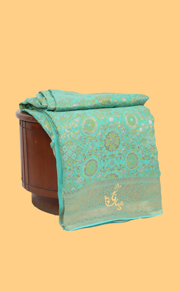 Aqua Blue Vegan Khaddi Georgette Bandhani Saree