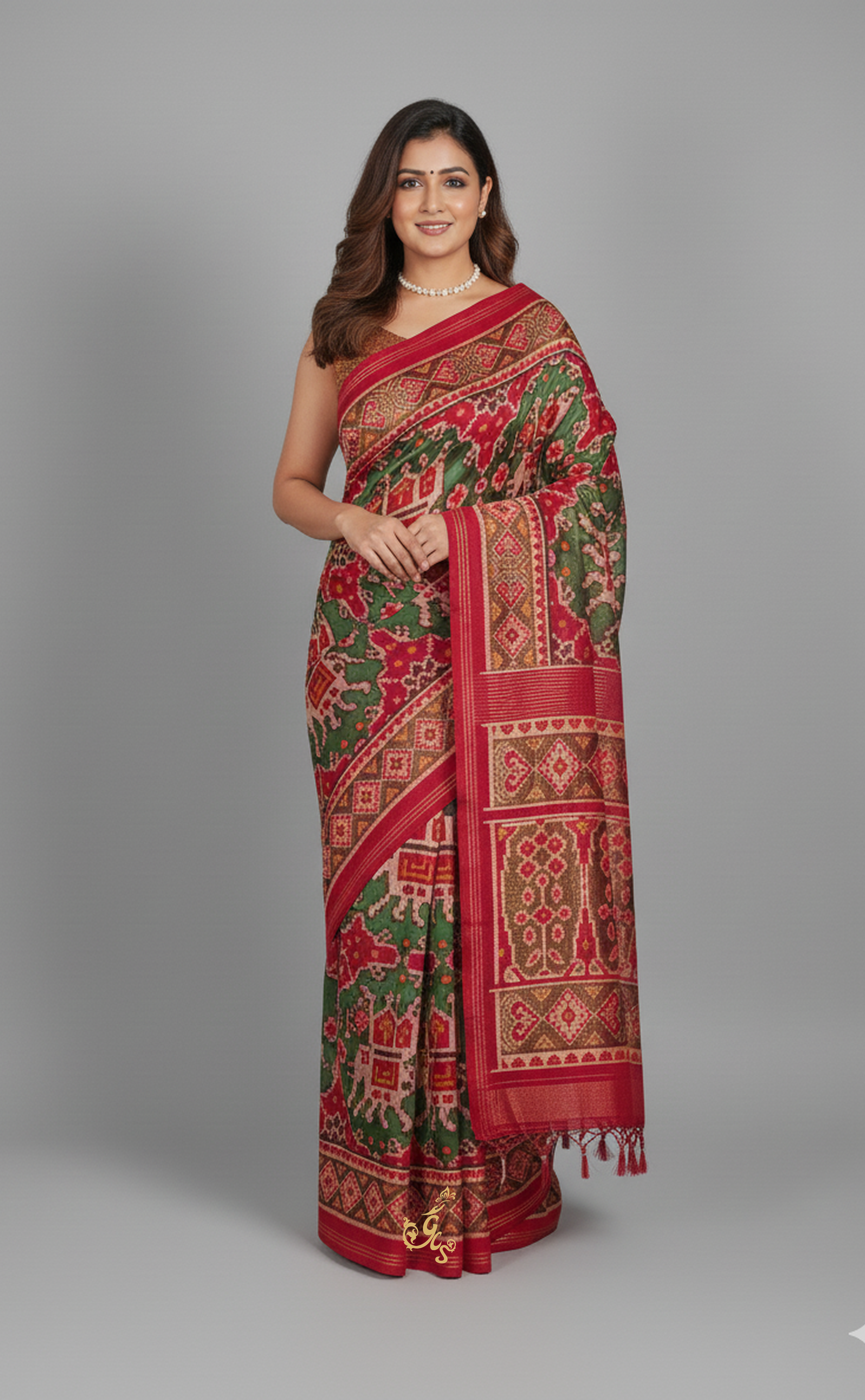 Dual-Tone Red & Green Patola Saree in Vegan Silk