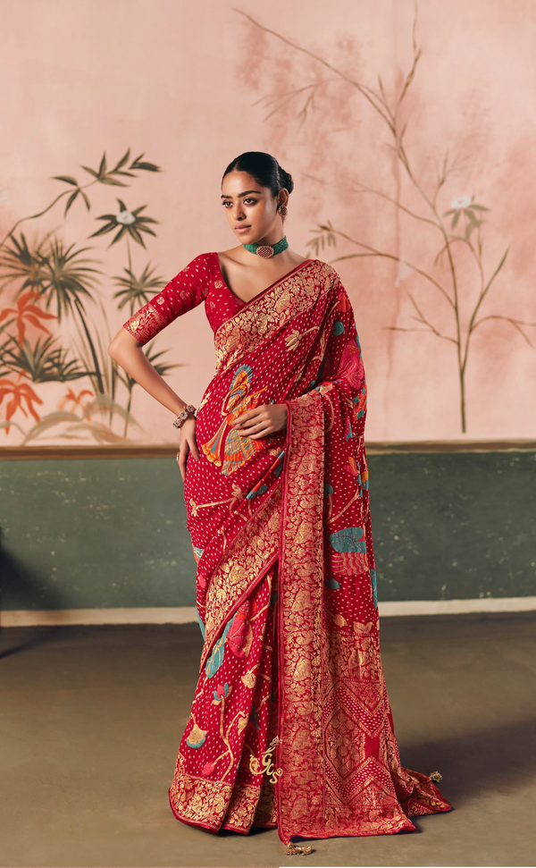 Red Upada Vegan Khaddi Georgette Bandhani