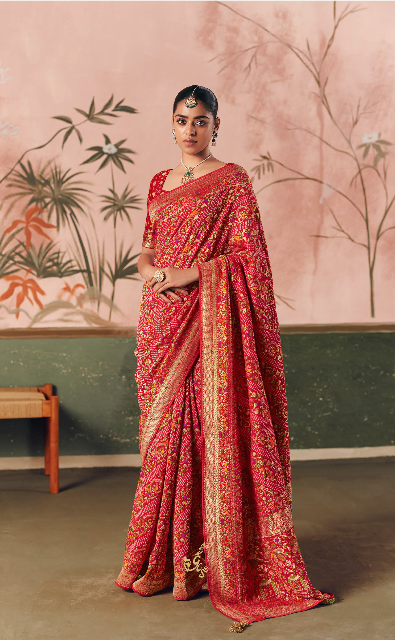 Royal Red Upada Vegan Khaddi Georgette Bandhani