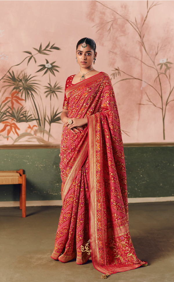 Royal Red Upada Vegan Khaddi Georgette Bandhani