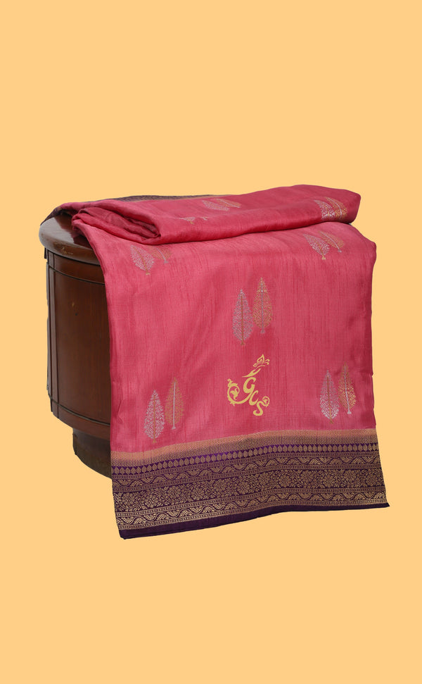 Pink Vegan Dola Silk Saree With Contrast Border