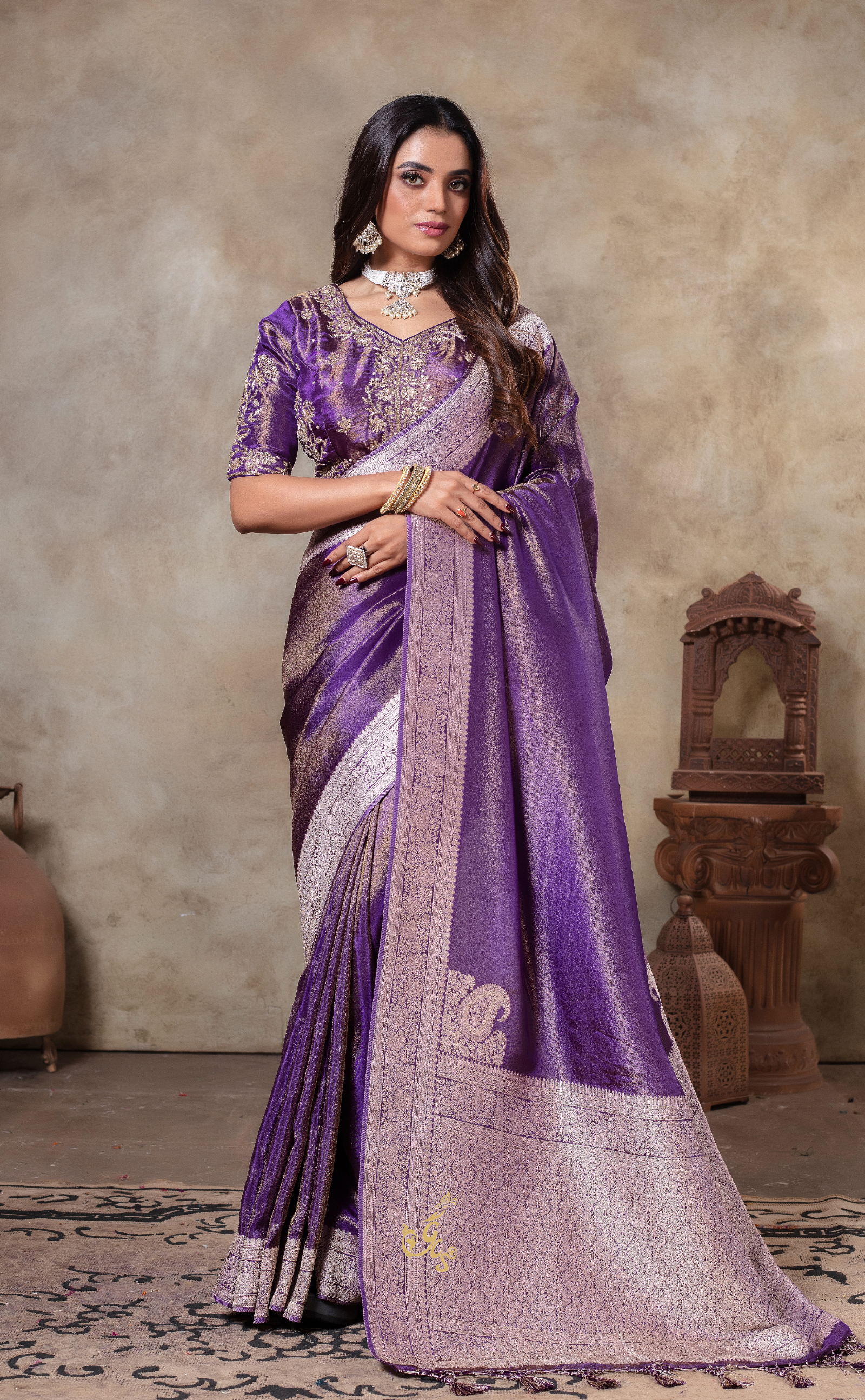 Plum Perfection: Deep Vegan Tissue Georgette Saree with Ready Blouse