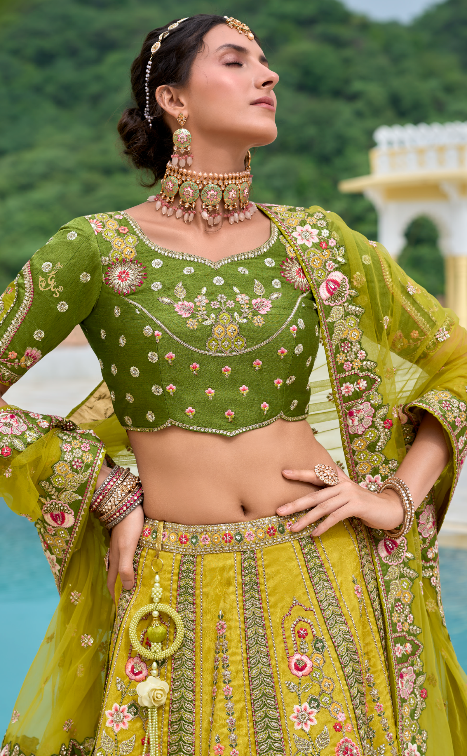 Vegan Banarasi silk lehenga with patchwork and meenakari embroidery.
