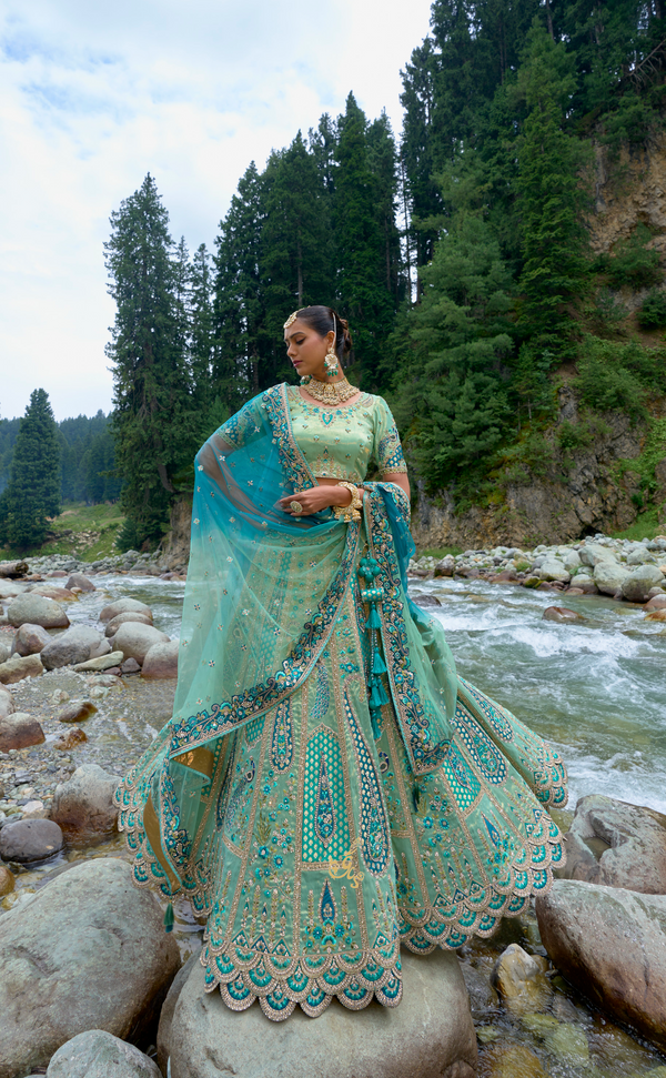 Peacock Blue Embroidered Lehenga In Vegan Soft Tissue