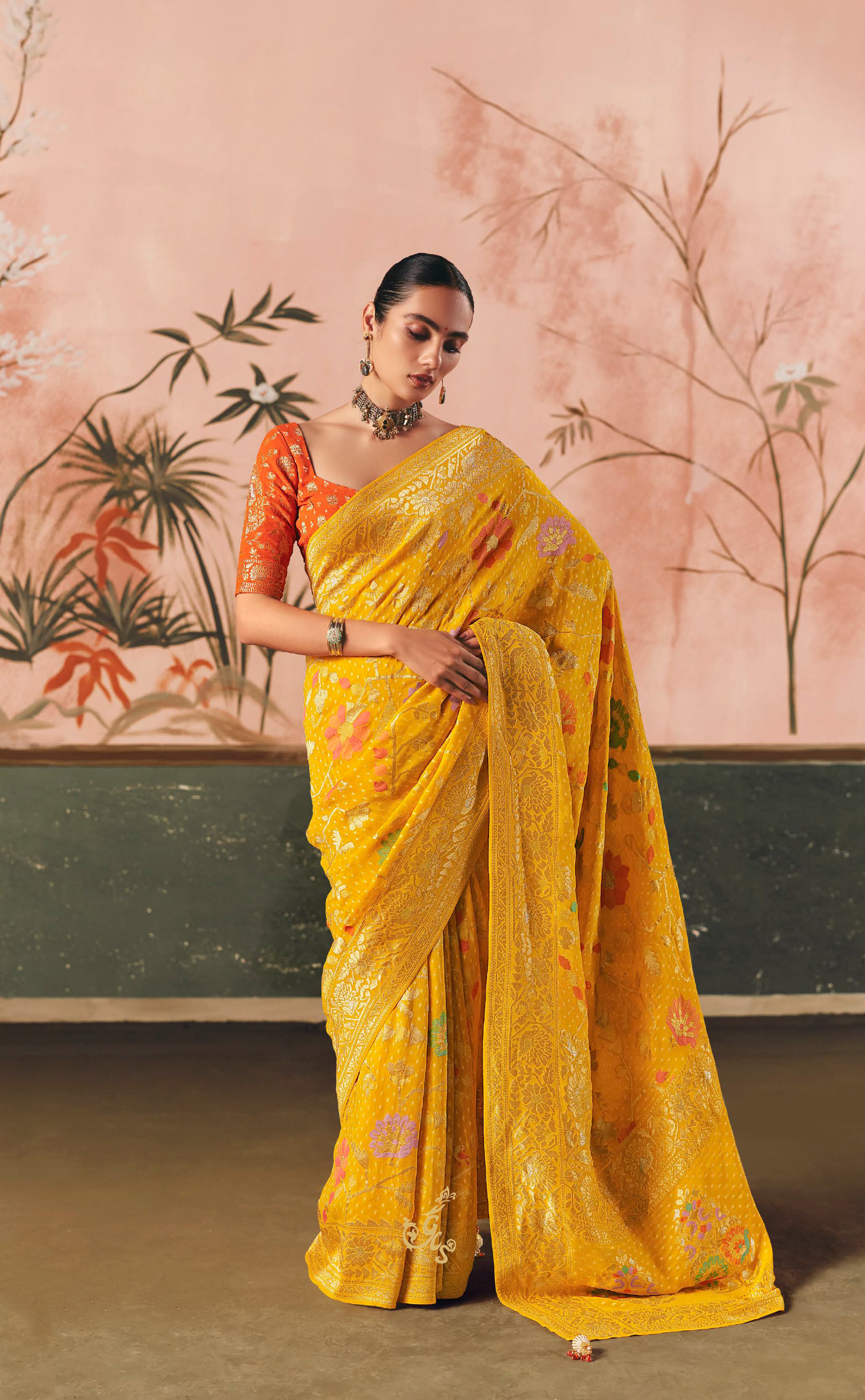 Yellow Vegan Khaddi Georgette Bandhani