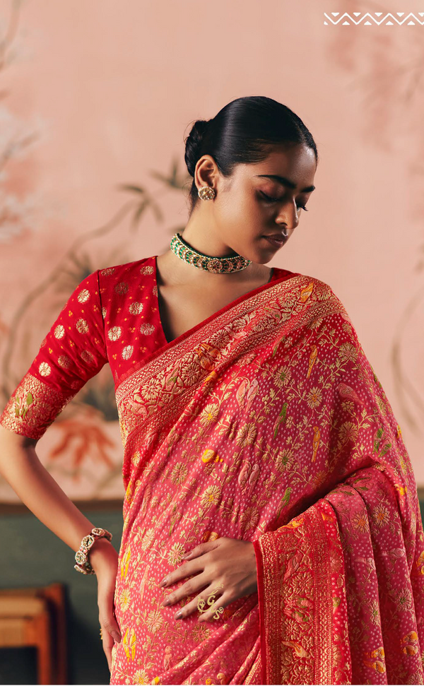 Pink Vegan Khaddi Georgette Bandhani