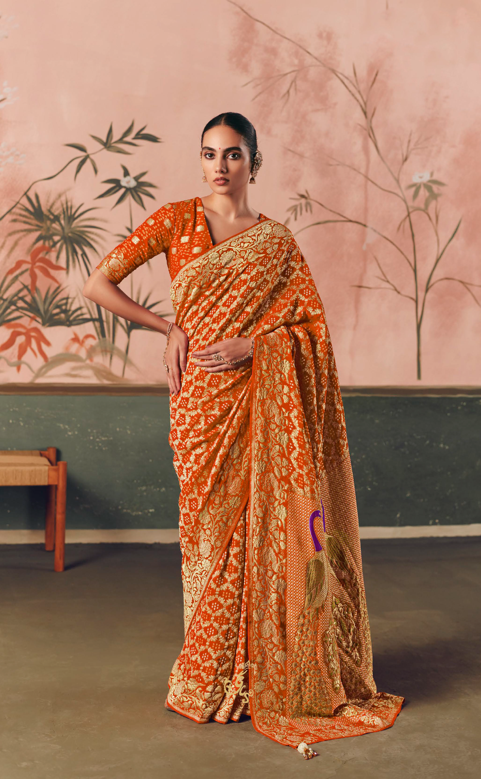 Orange Vegan Khaddi Georgette Bandhani