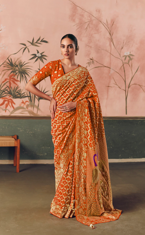 Orange Vegan Khaddi Georgette Bandhani
