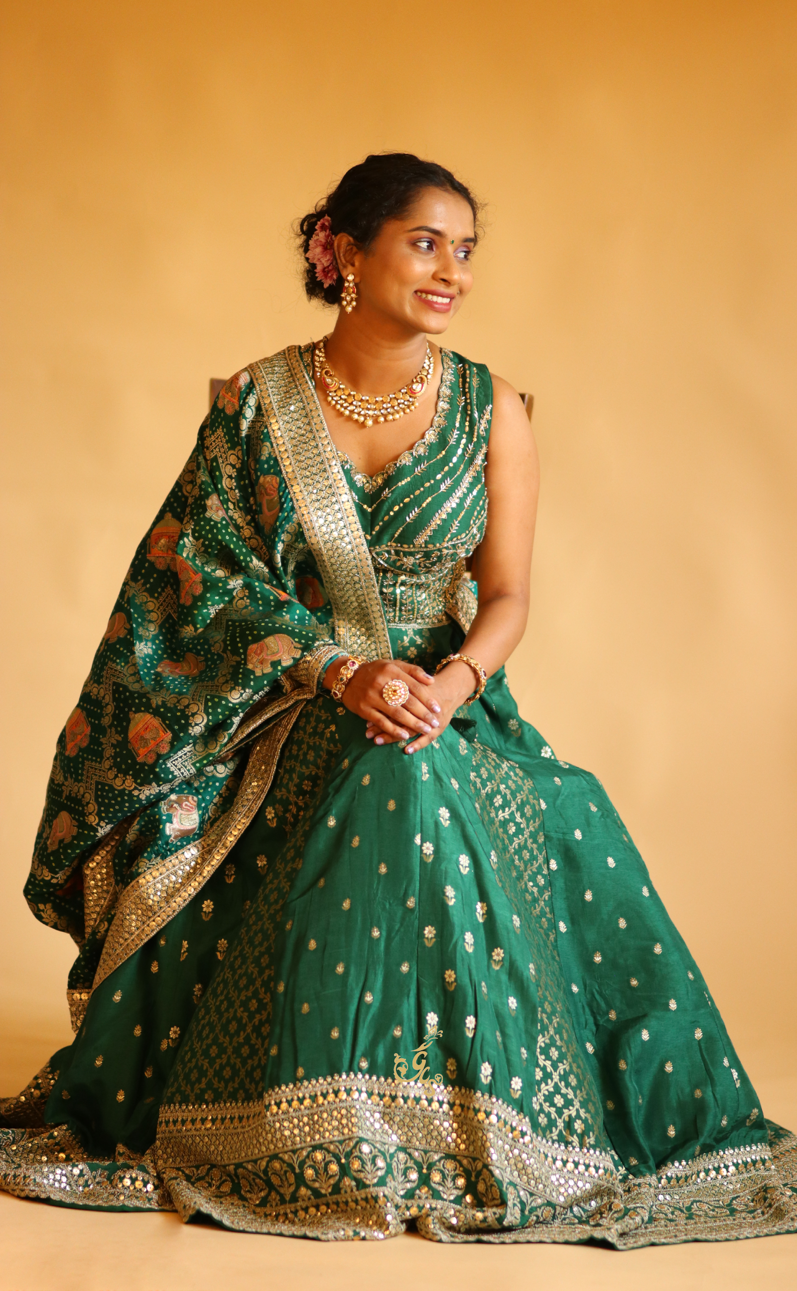 Bottle Green Embroidery Lehenga In Vegan Muga Silk