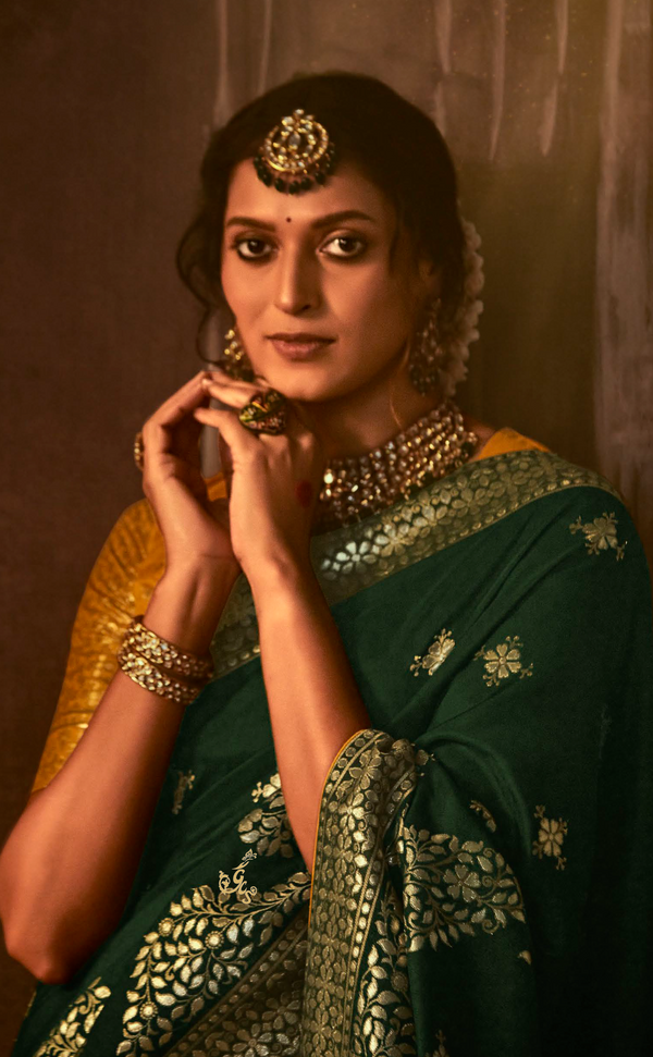 Bottle Green Saree In Banarasi Vegan Muga Silk