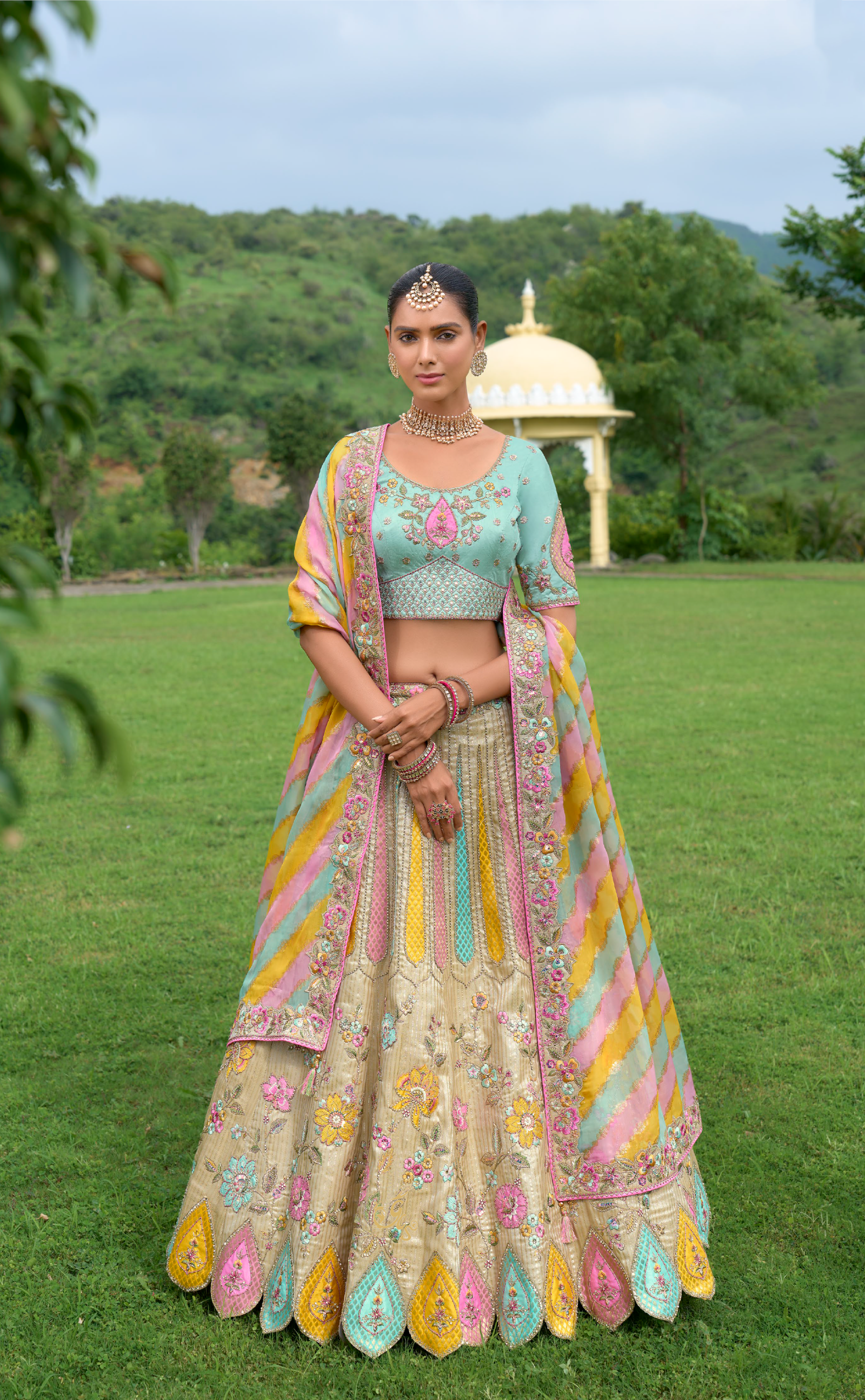 Multicolored Vegan Georgette Lehenga with Patch Embroidery