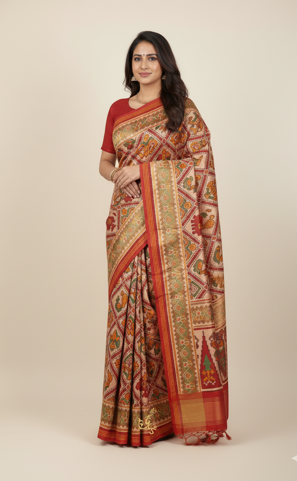 Exquisite Off-White & Red Ikkat Patola – Vegan Silk