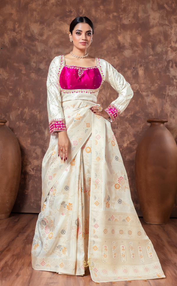 Ivory Essence – Elegant Vegan Tissue Georgette Saree with Ready Blouse
