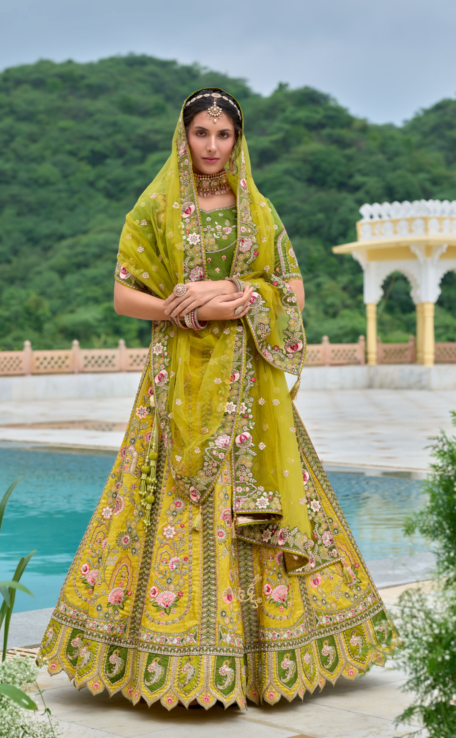 Vegan Banarasi silk lehenga with patchwork and meenakari embroidery.