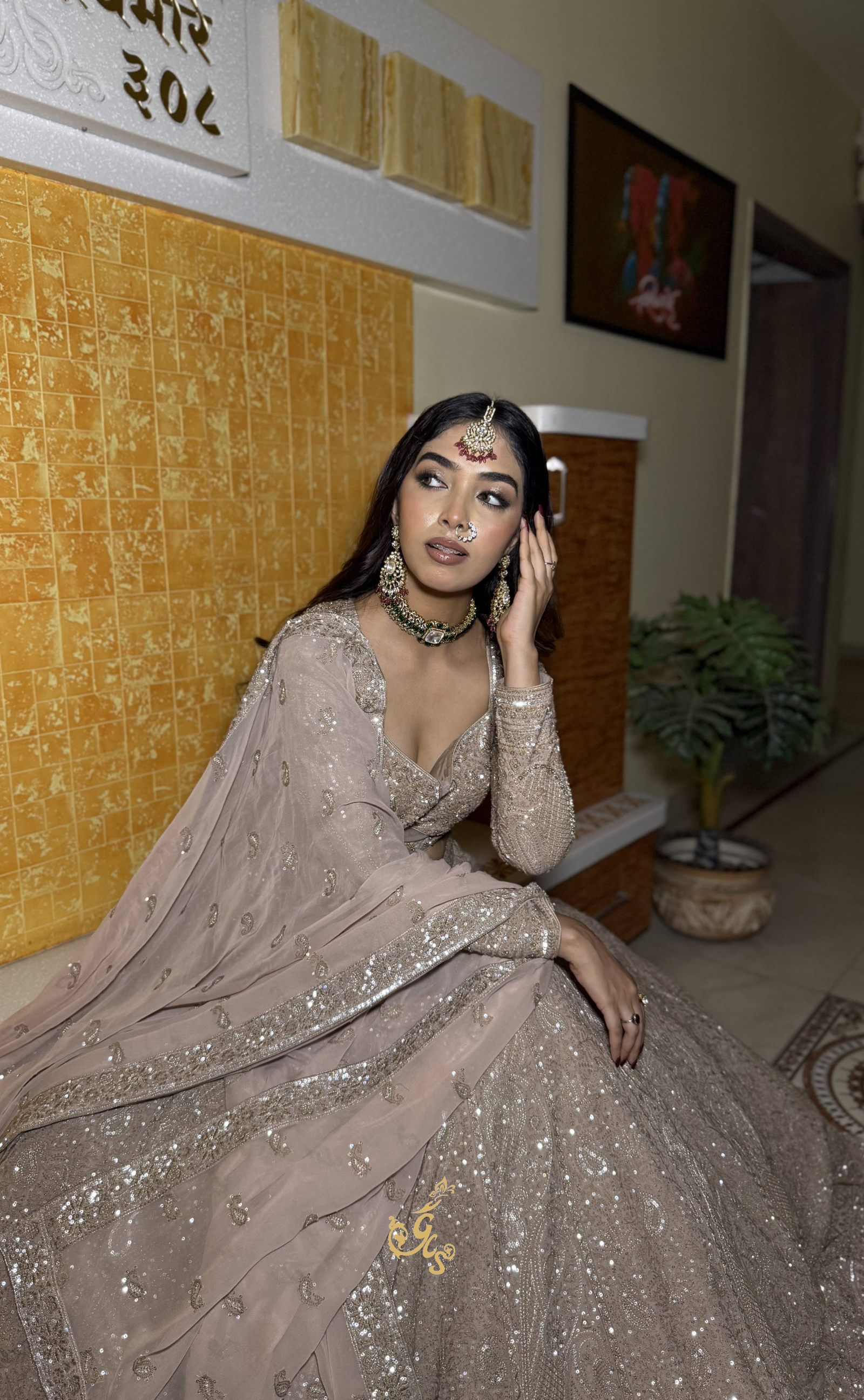 Beige Lakhnavi Elegance: Vegan Georgette Ready-to-Wear Lehenga