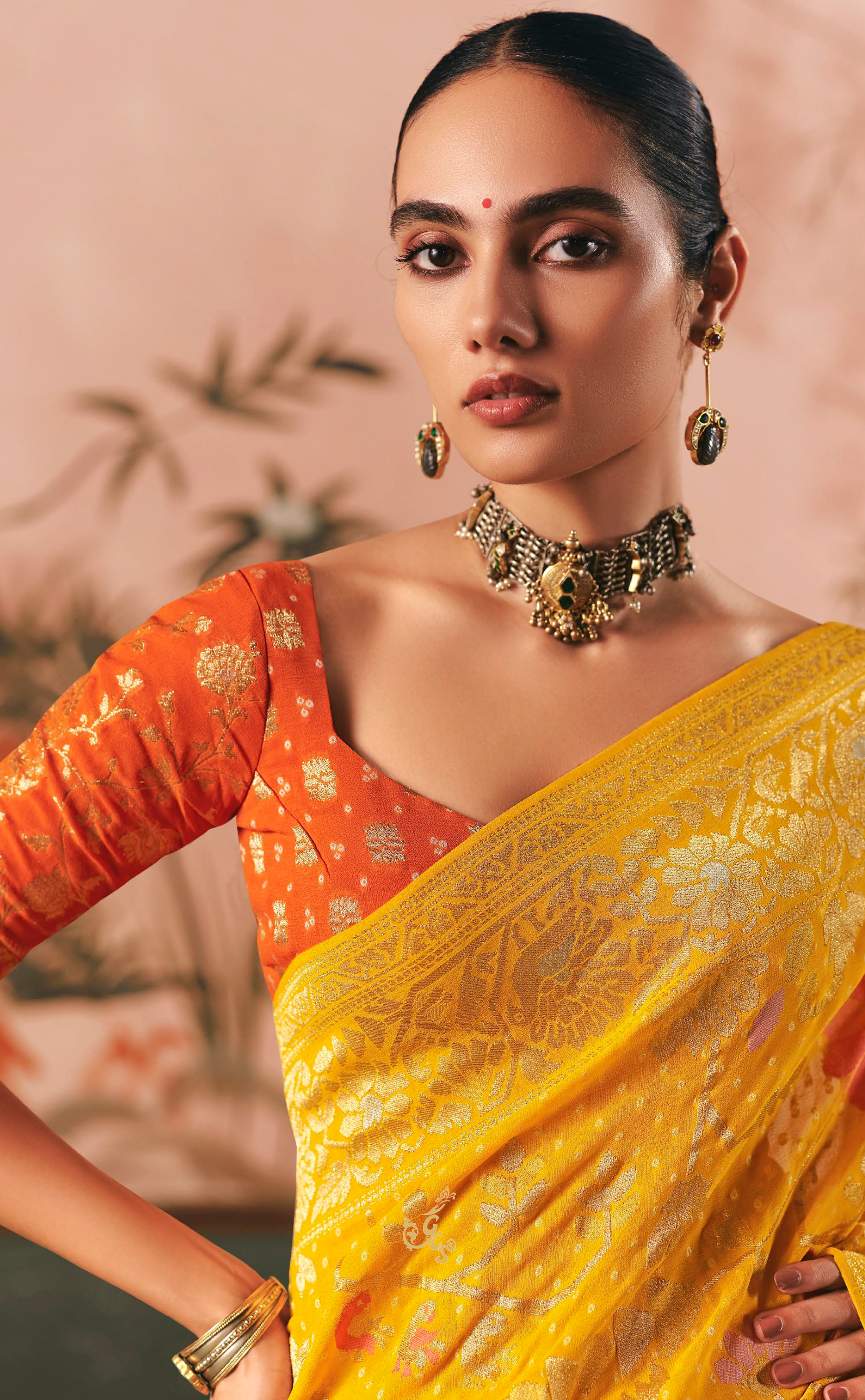 Yellow Vegan Khaddi Georgette Bandhani