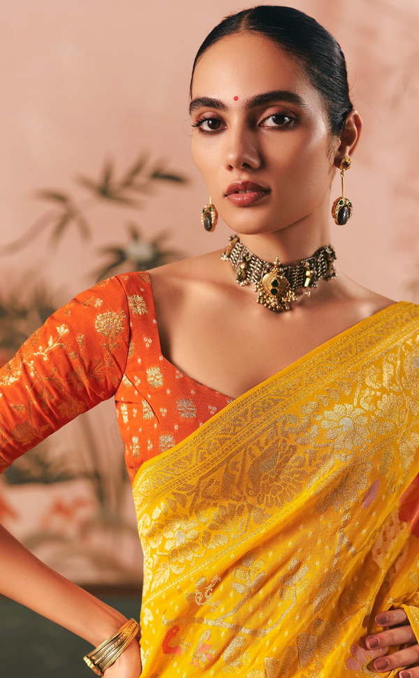 Yellow Vegan Khaddi Georgette Bandhani