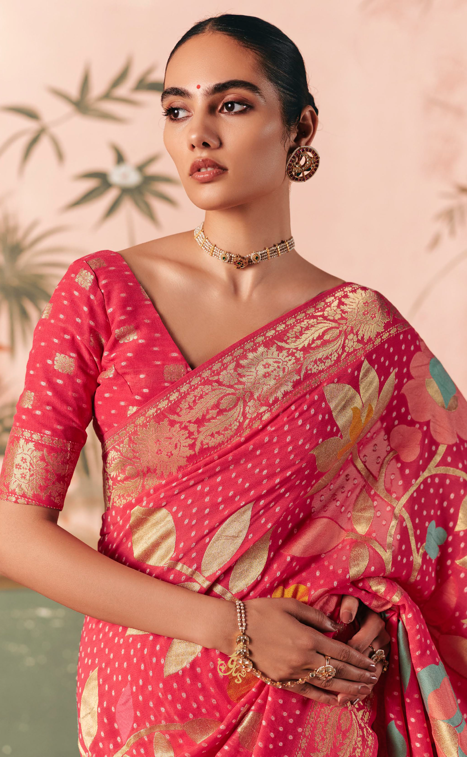 Pastle Pink Vegan Khaddi Georgette Bandhani