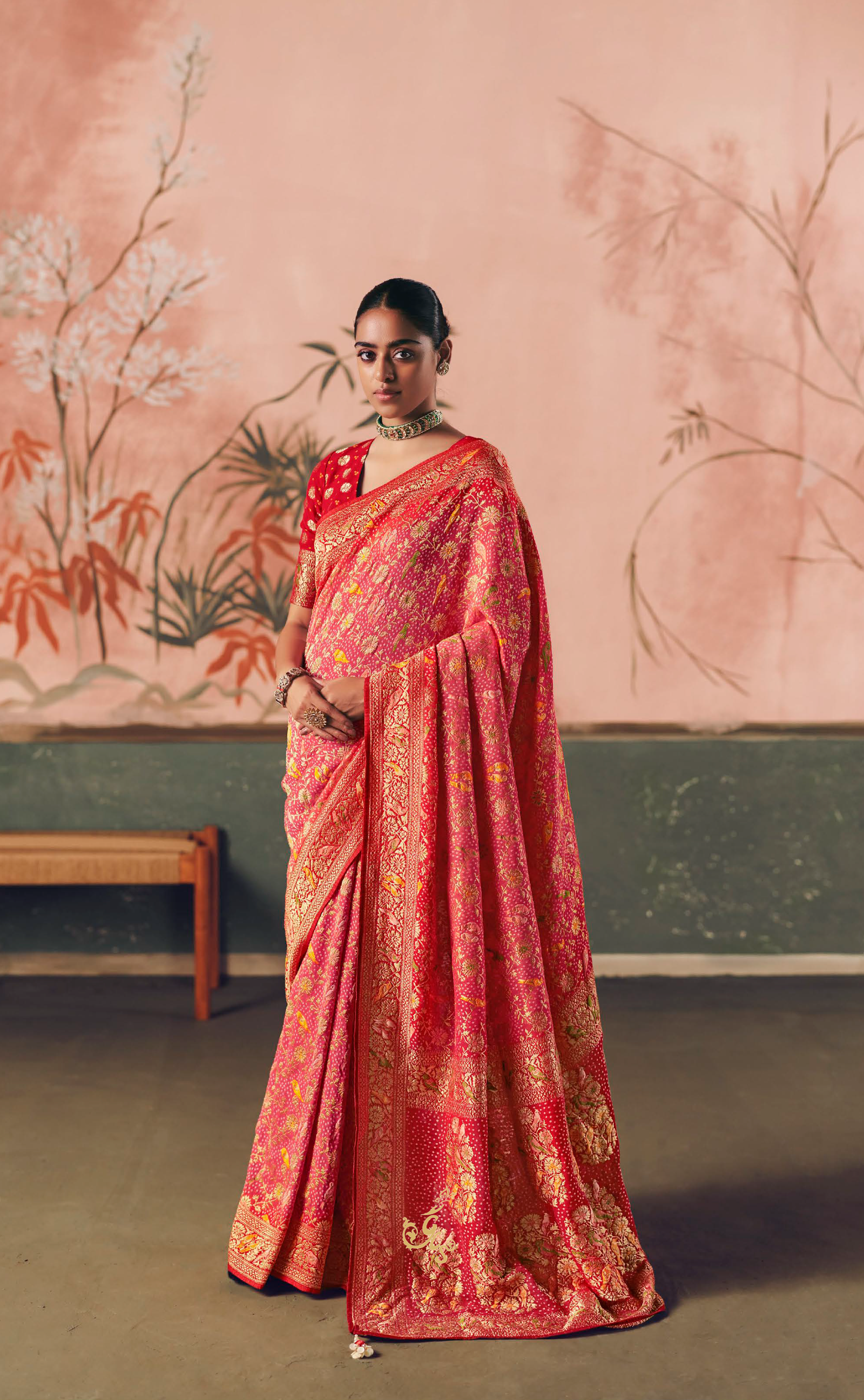 Pink Vegan Khaddi Georgette Bandhani