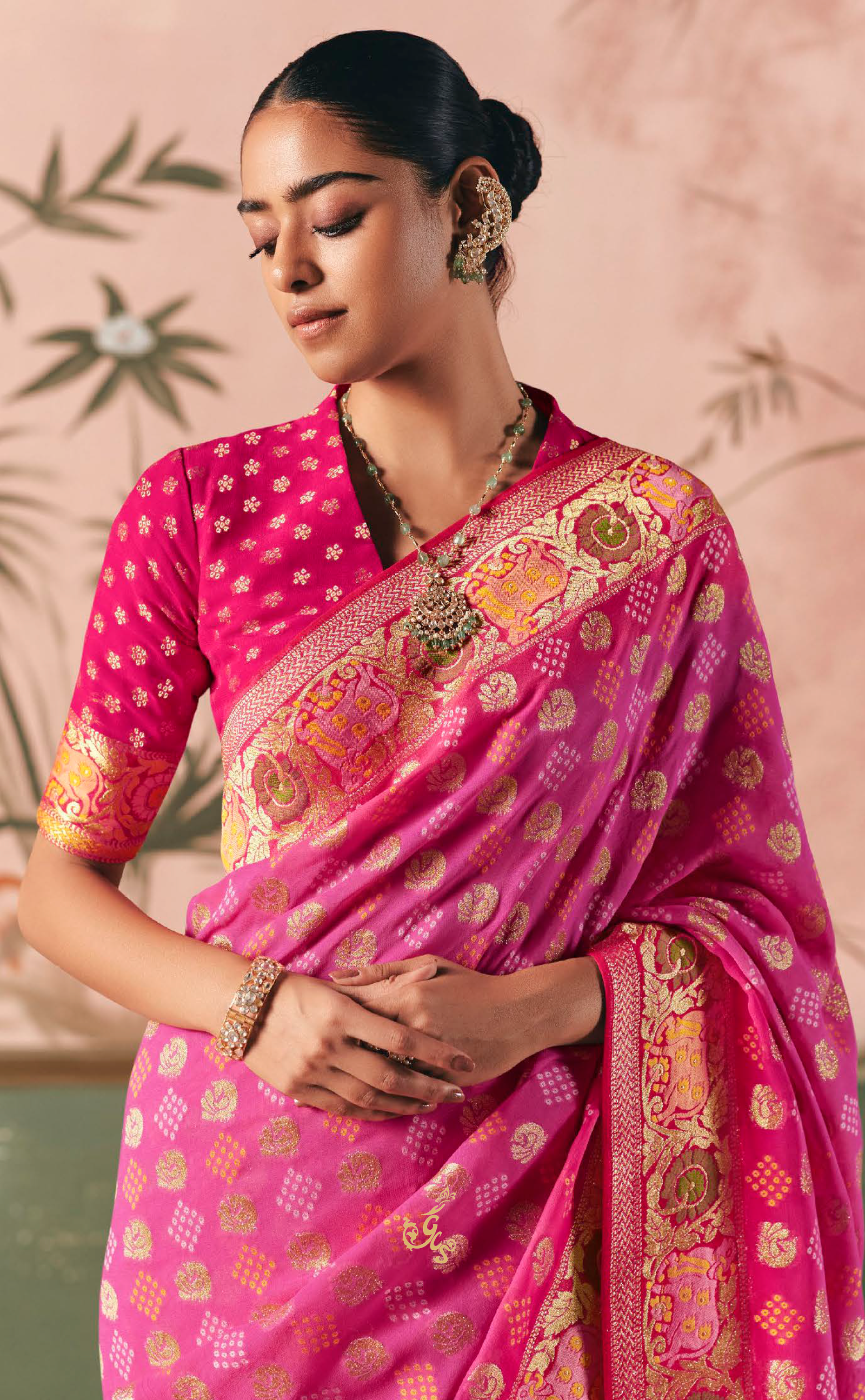 Rose Pink Vegan Khaddi Georgette Bandhani