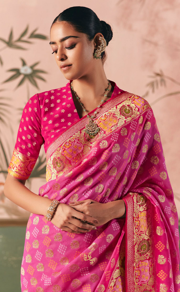 Rose Pink Vegan Khaddi Georgette Bandhani