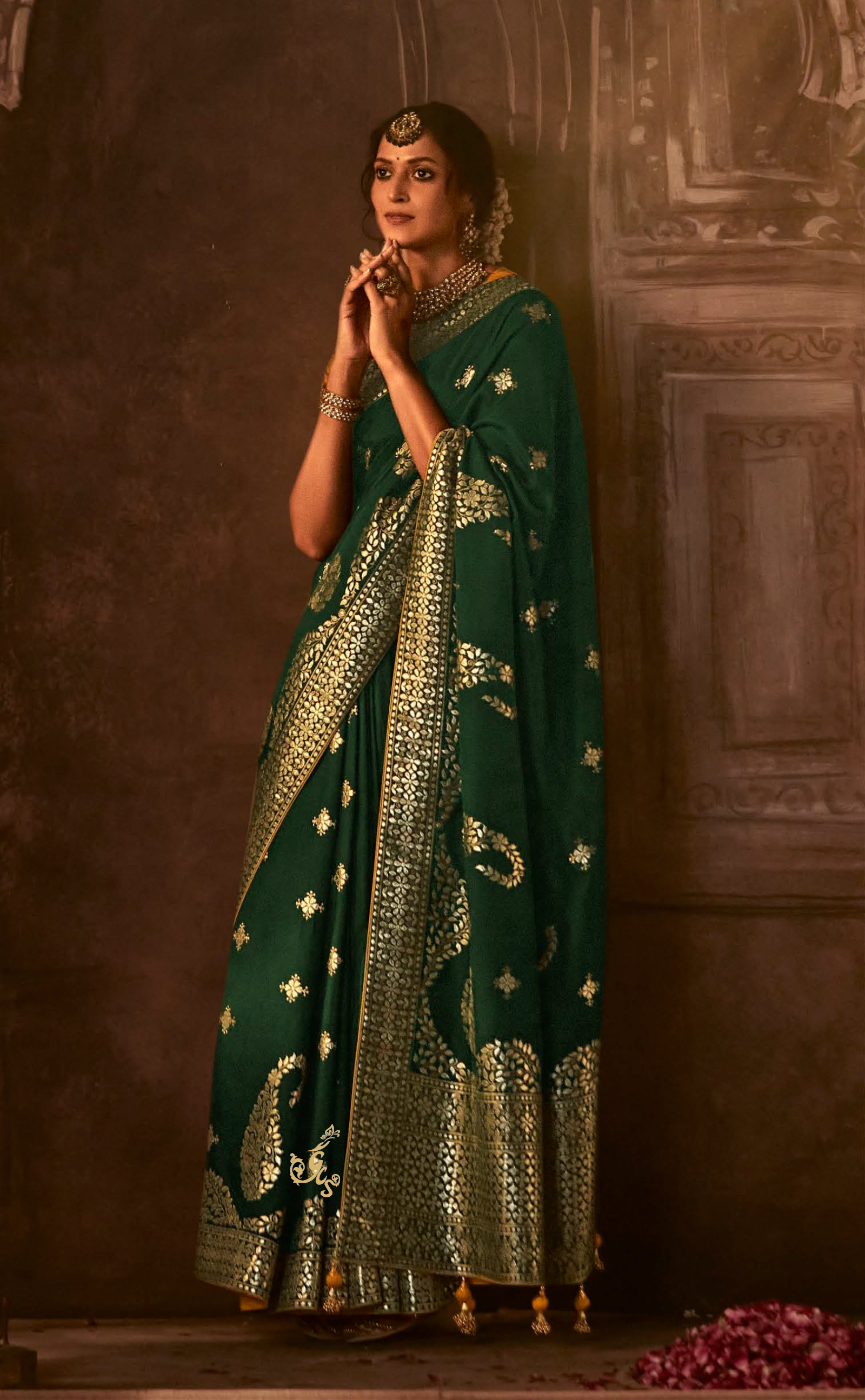 Bottle Green Saree In Banarasi Vegan Muga Silk