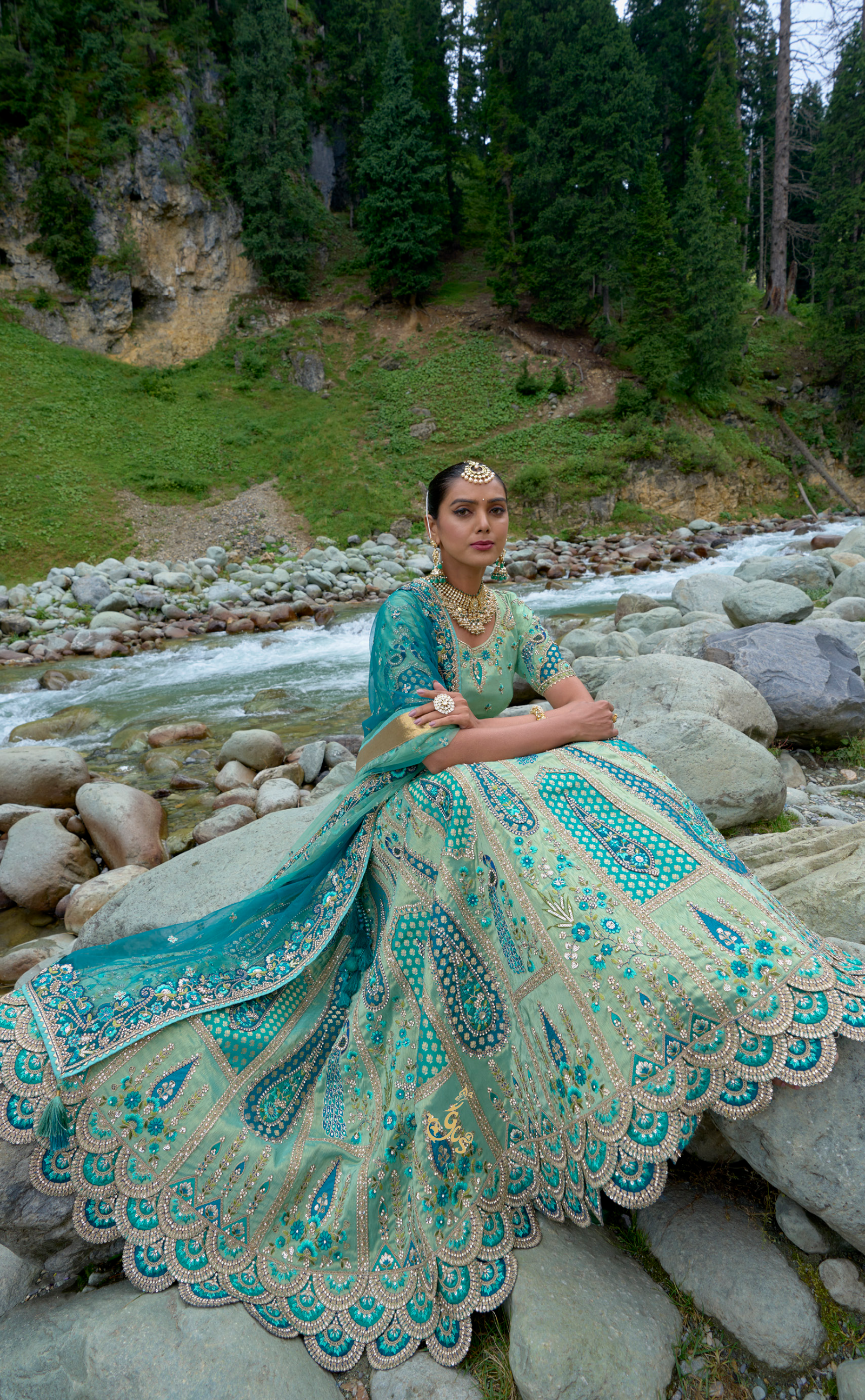 Peacock Blue Embroidered Lehenga In Vegan Soft Tissue