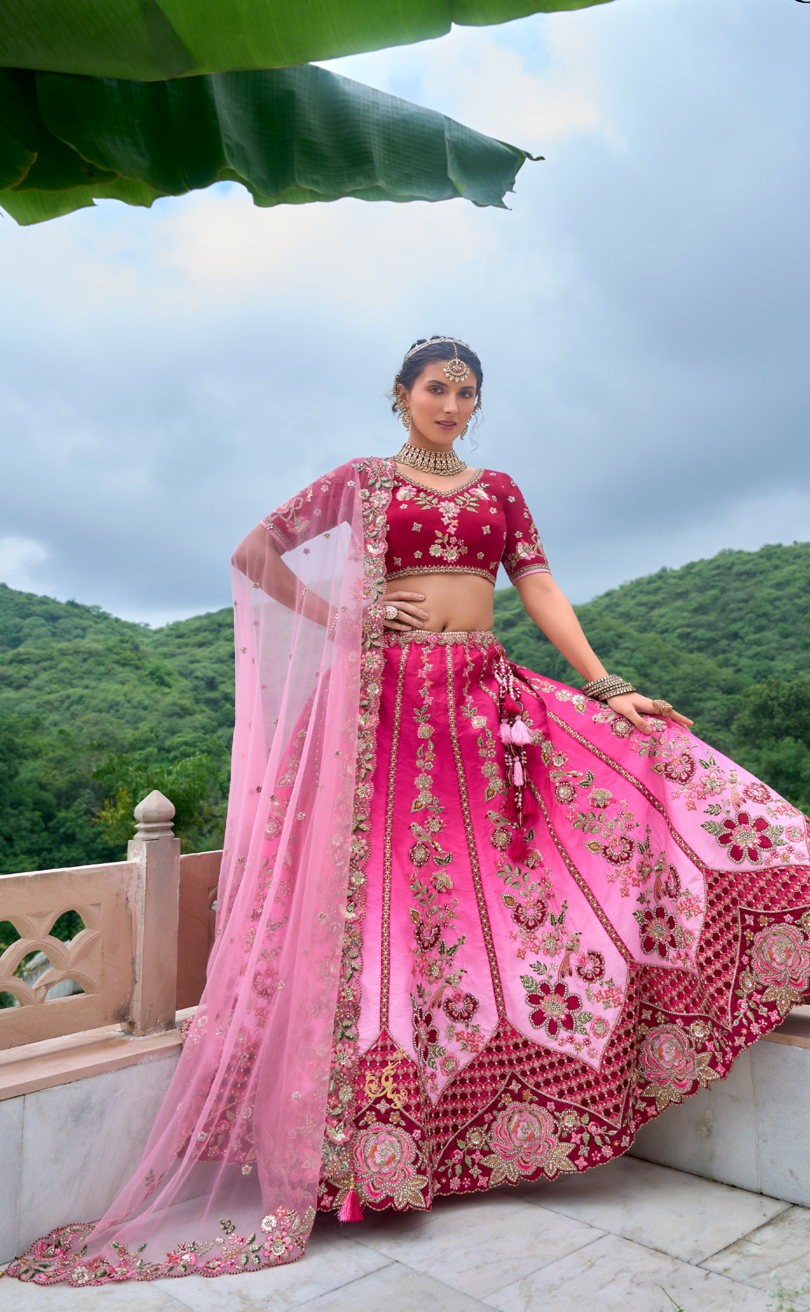 Pink shaded Vegan raw silk lehenga with meenakari embroidery.