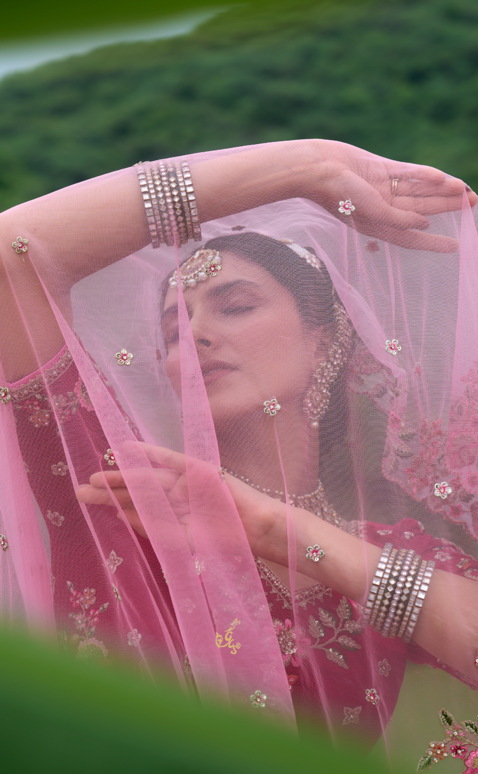 Pink shaded Vegan raw silk lehenga with meenakari embroidery.