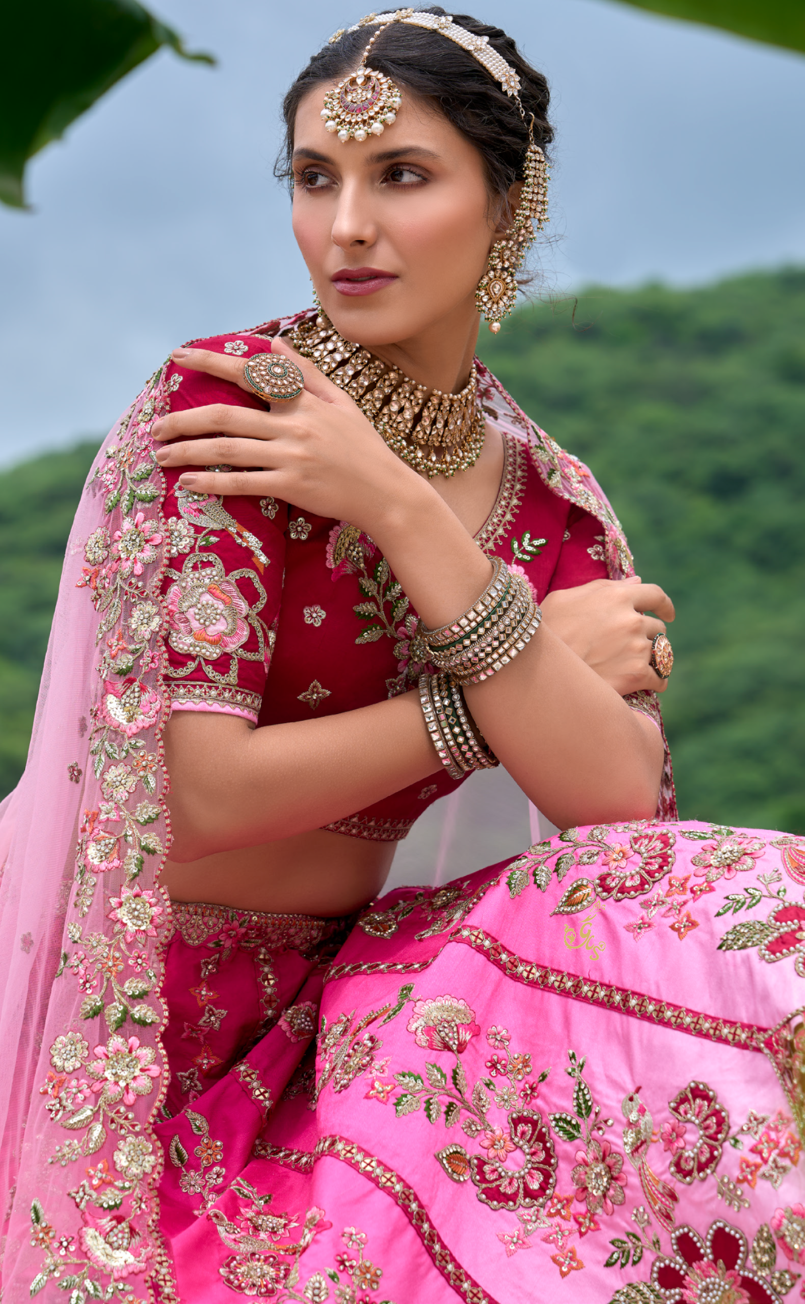 Pink shaded Vegan raw silk lehenga with meenakari embroidery.