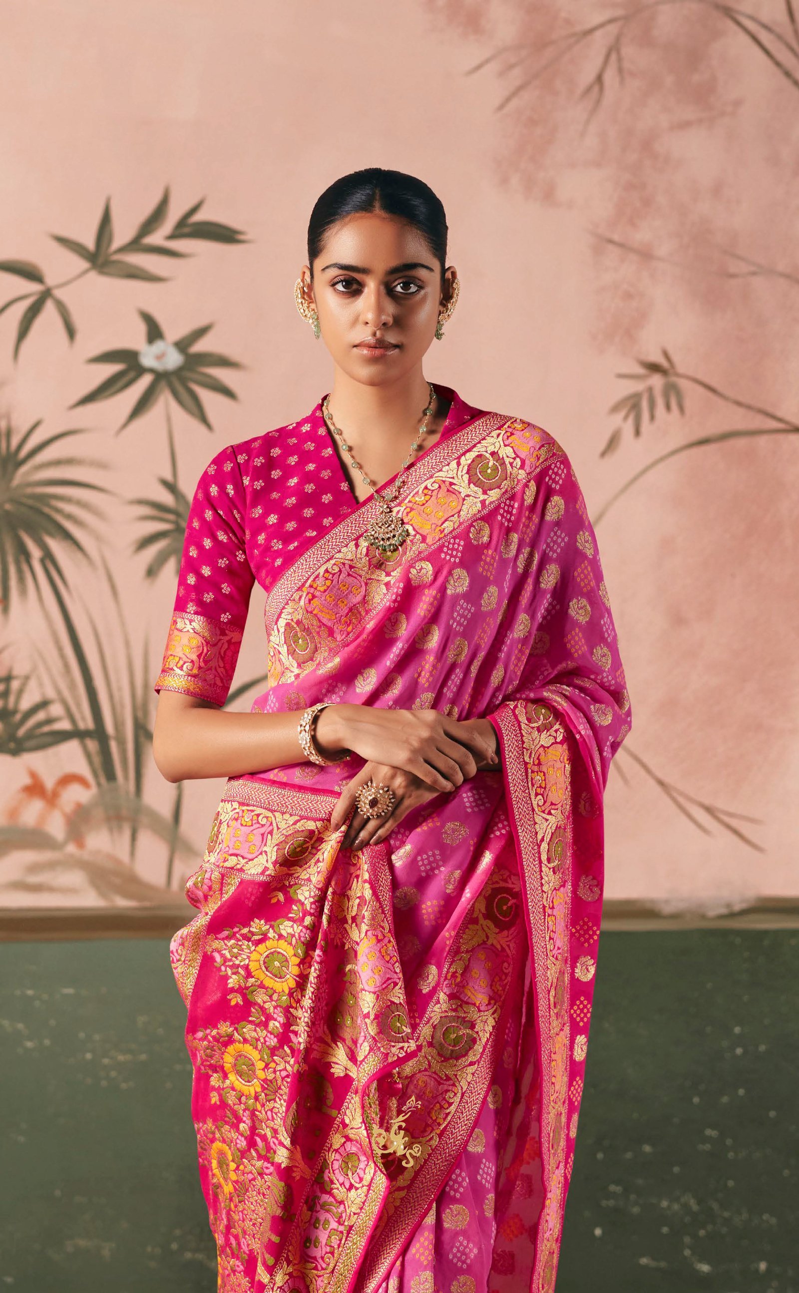 Rose Pink Vegan Khaddi Georgette Bandhani