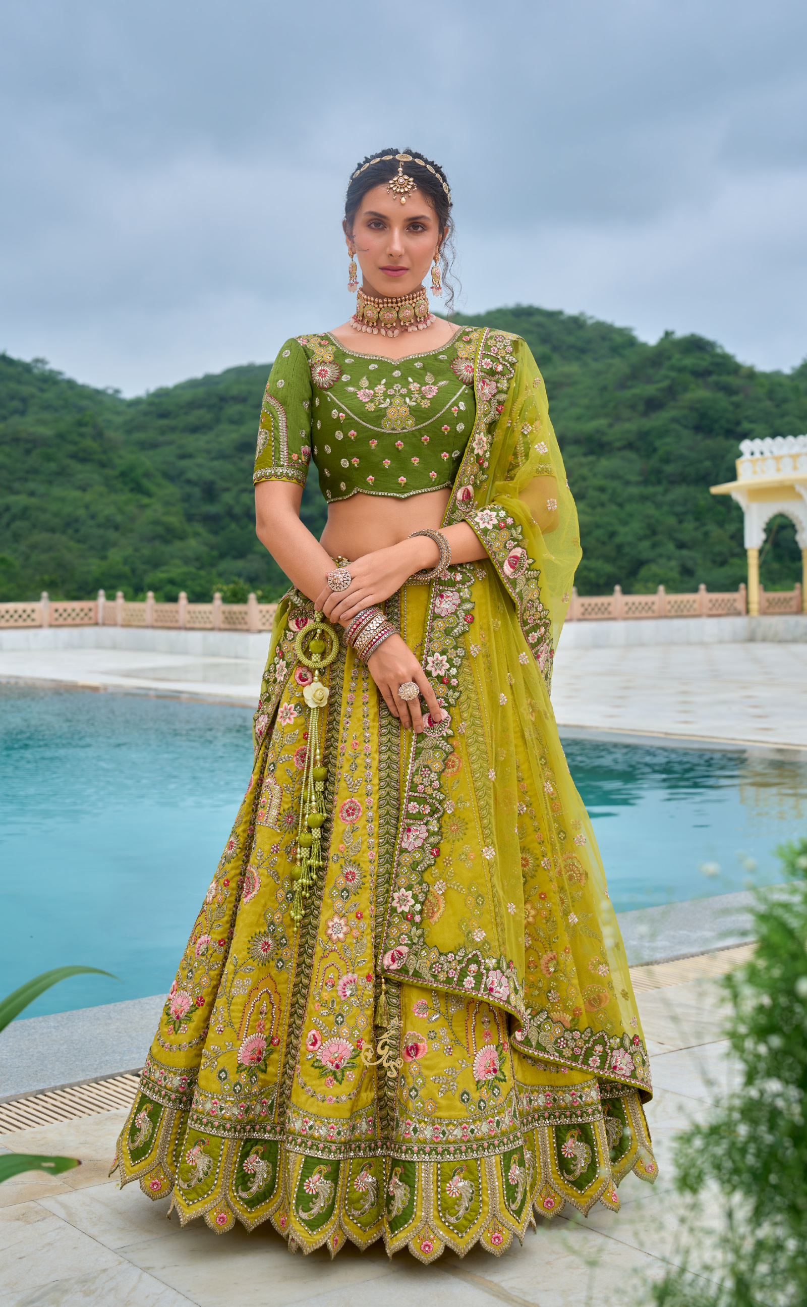 Vegan Banarasi silk lehenga with patchwork and meenakari embroidery.