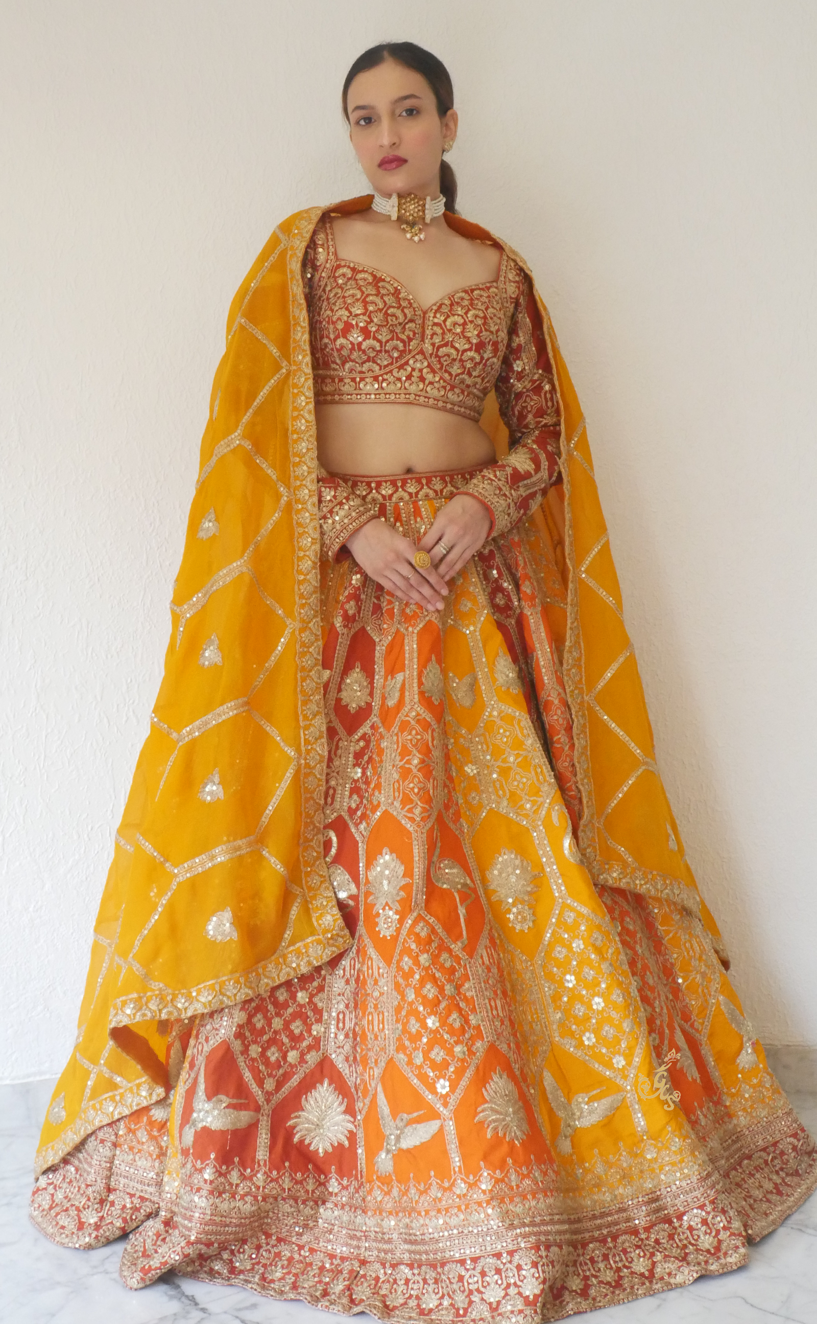 Enchanting Shaded Rust and Mustard Vegan Pashmina Silk Lehenga Showcasing Exquisite Aari Peta Artistry