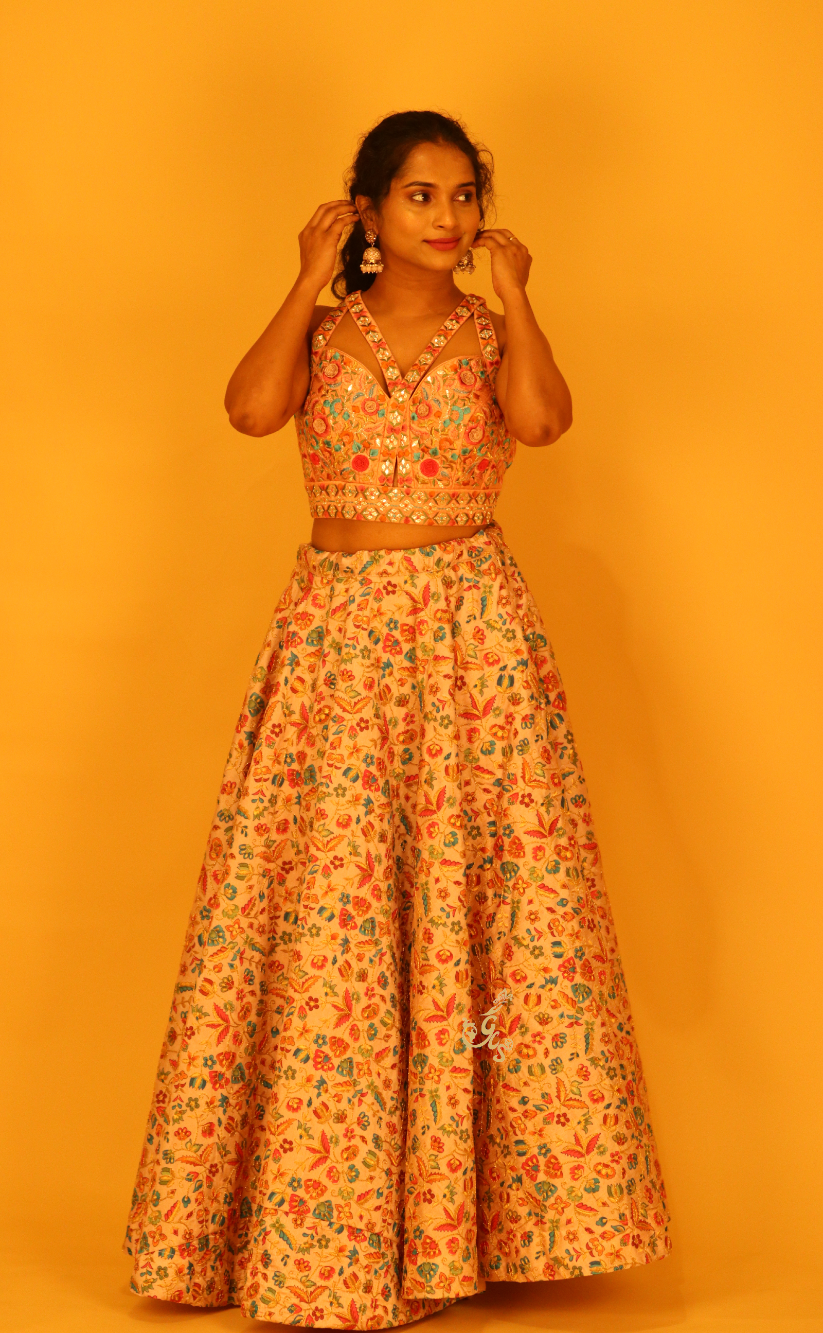 Peach Printed Embroidery Lehenga In Vegan Raw Silk