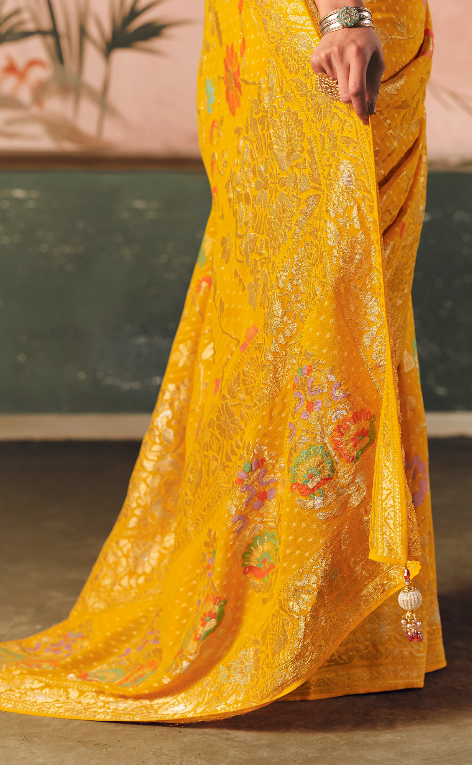 Yellow Vegan Khaddi Georgette Bandhani