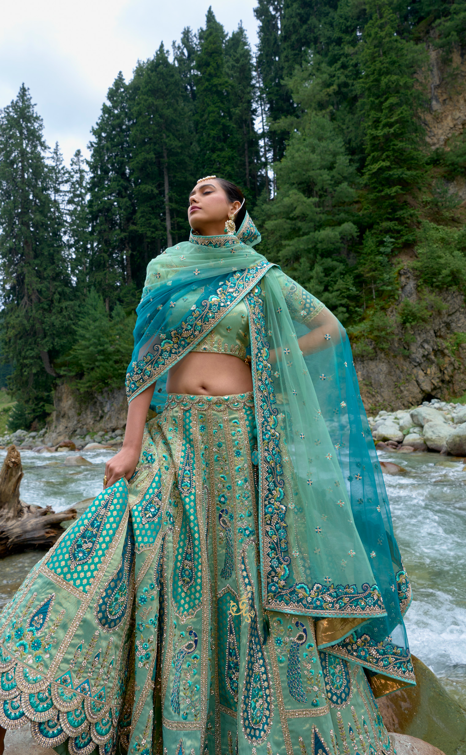 Peacock Blue Embroidered Lehenga In Vegan Soft Tissue